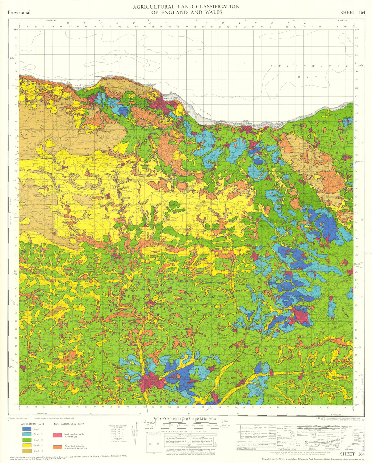Agricultural Land Classification 164 Exmoor. Quantocks. Devon Redlands 1971 map