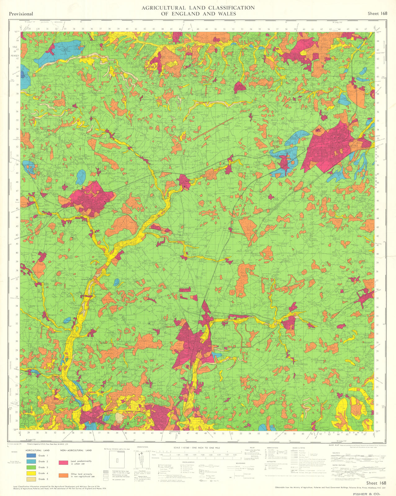 Associate Product Agricultural Land Classification 168 Hampshire Downs Winchester Andover 1975 map