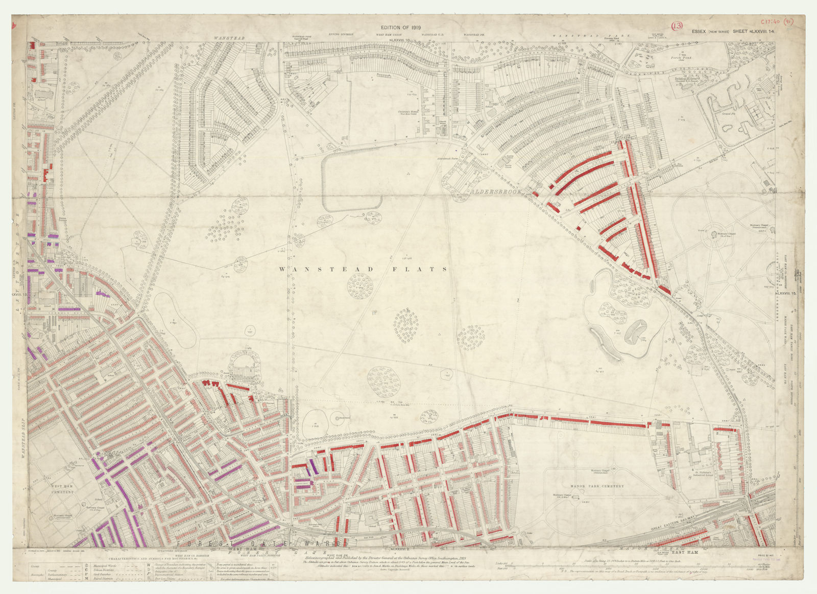 LSE POVERTY OS PROOF MAP Wanstead Flats - Aldersbrook - Forest Gate 1928