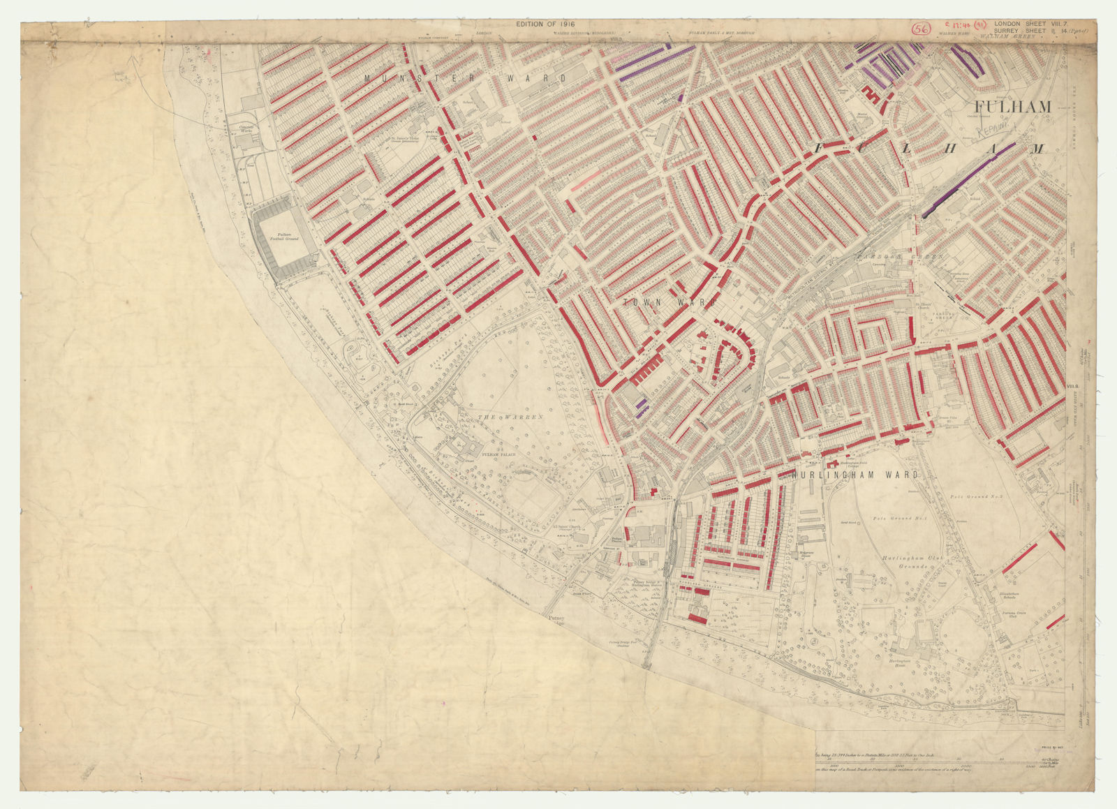 LSE POVERTY OS PROOF MAP Hurlingham - Fulham - Munster - Parsons Green 1928