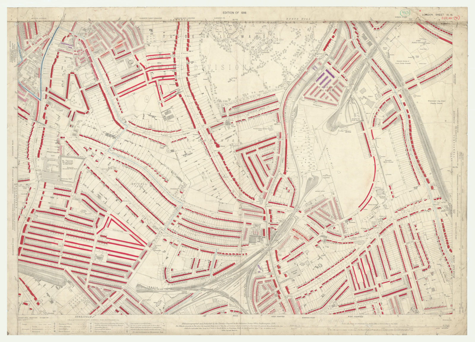 LSE POVERTY OS PROOF MAP Tulse Hill - Streatham Hill - West Dulwich 1928
