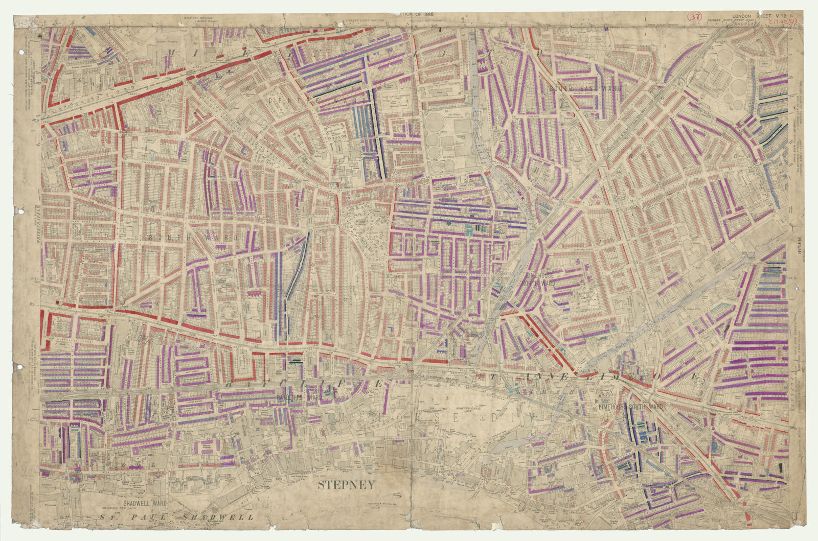 LSE POVERTY OS PROOF MAP East End - Limehouse - Shadwell - Wapping 1928