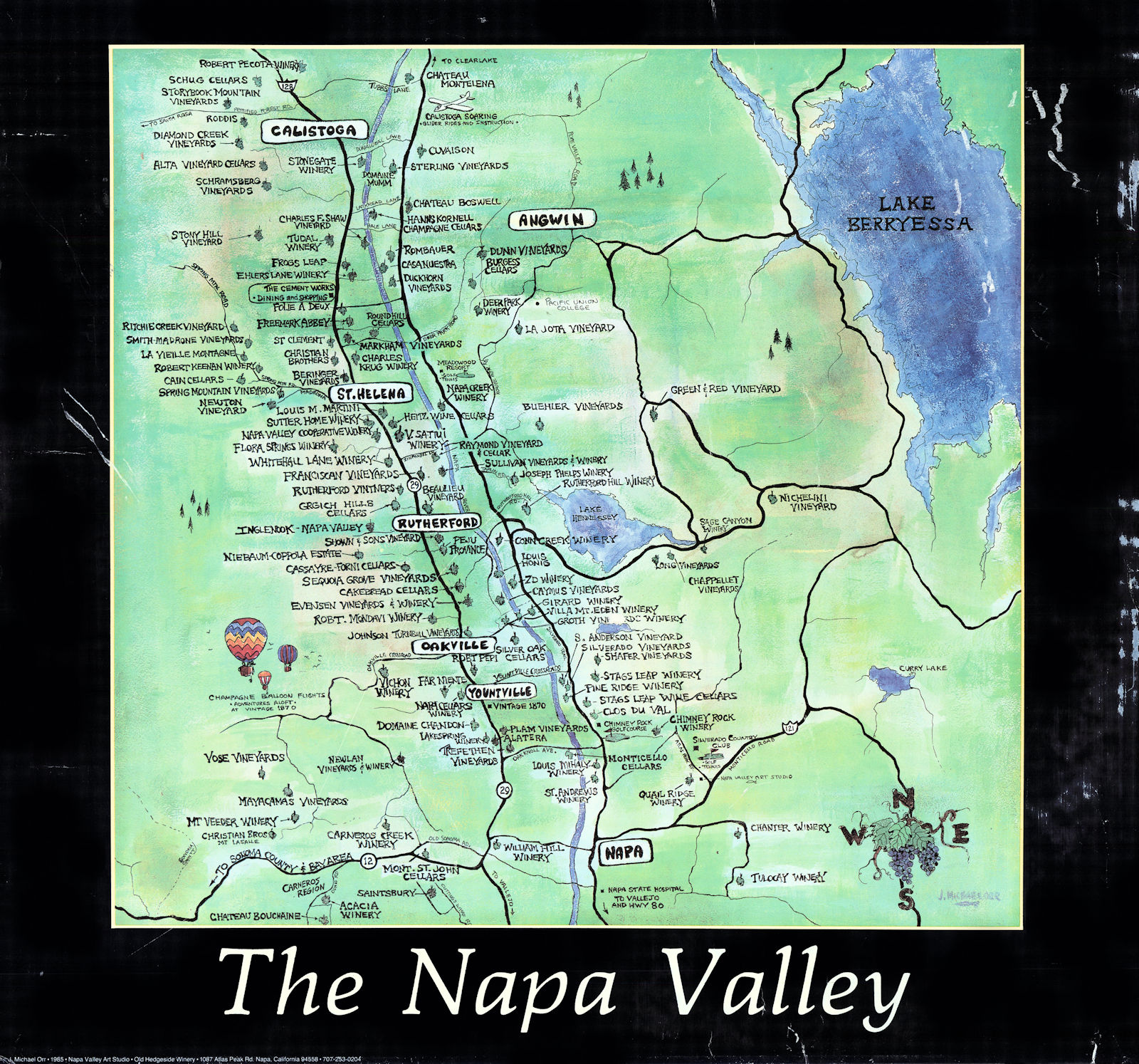 The Napa Valley, California. Wineries & wine region map by J. Michael Orr 1985