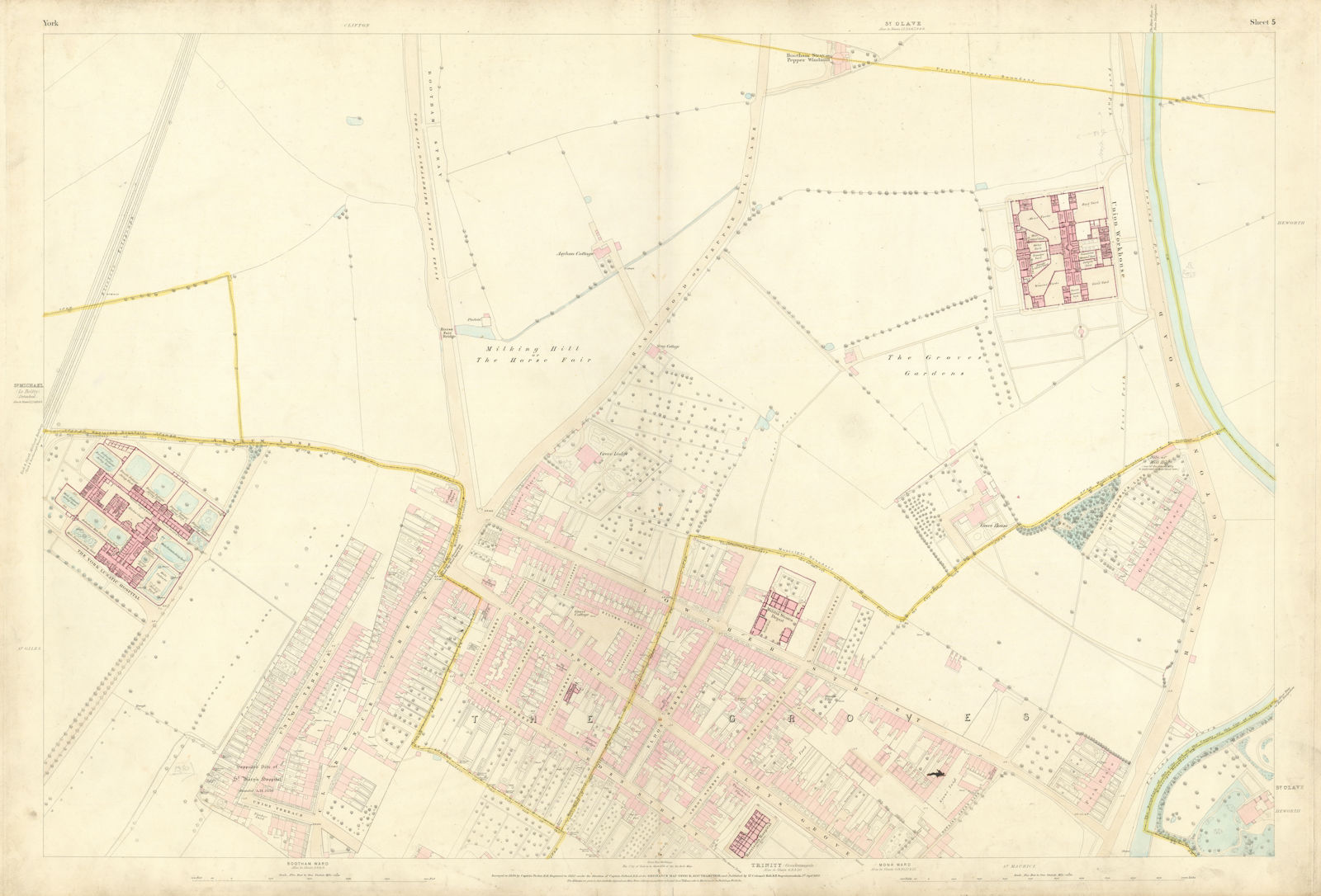 City of York #5 Groves Bootham Park Hospital St. John's Heworth. OS 1852 map