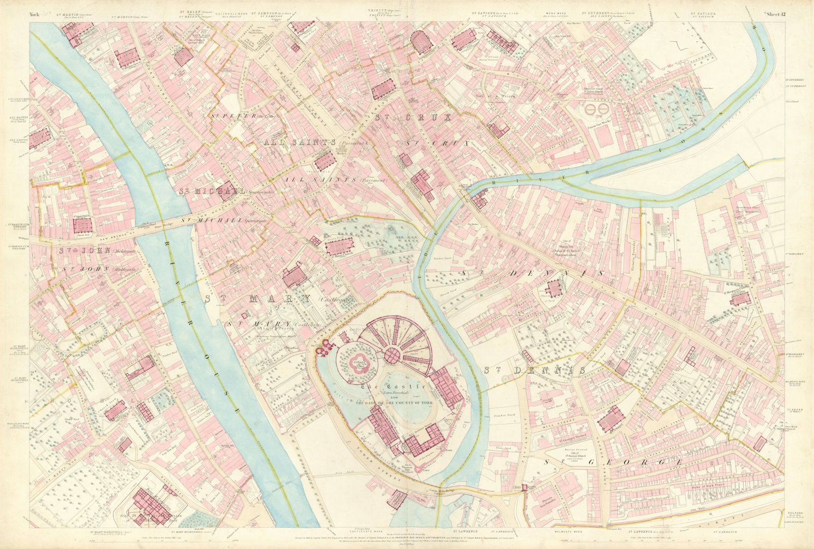 Associate Product City of York #12 Castle Bishophill Walmgate Fossgate Hungate Aldwark OS 1852 map
