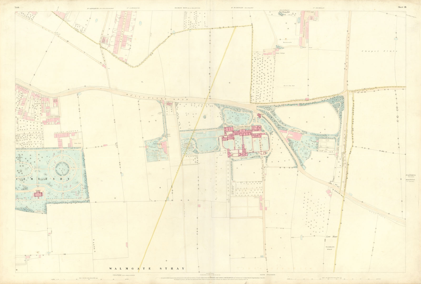 City of York #16 Cemetery The Retreat Walmgate Stray University. OS 1852 map