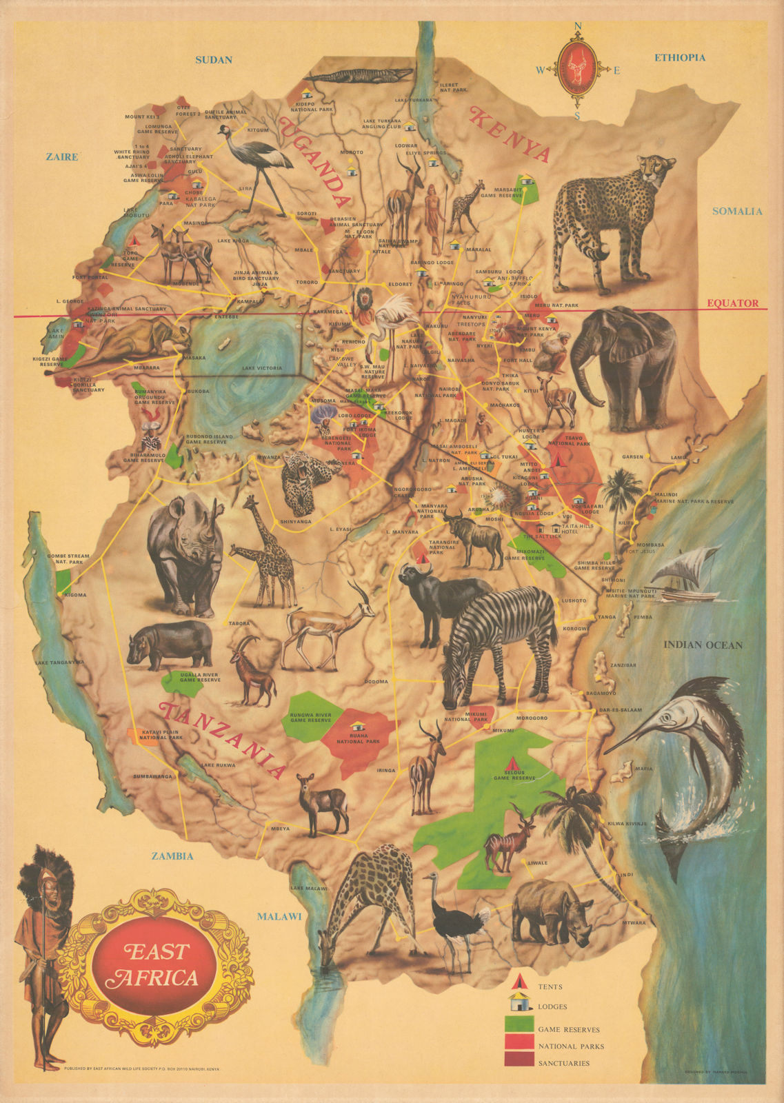 East Africa safari map. Game Reserves National Parks. Uganda Kenya Tanzania 1971