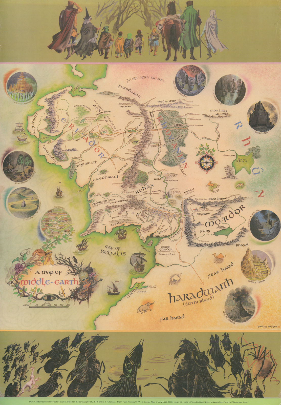 A map of Middle-earth by Pauline Baynes, JRR & CJR Tolkien. 73x50cm. 1977
