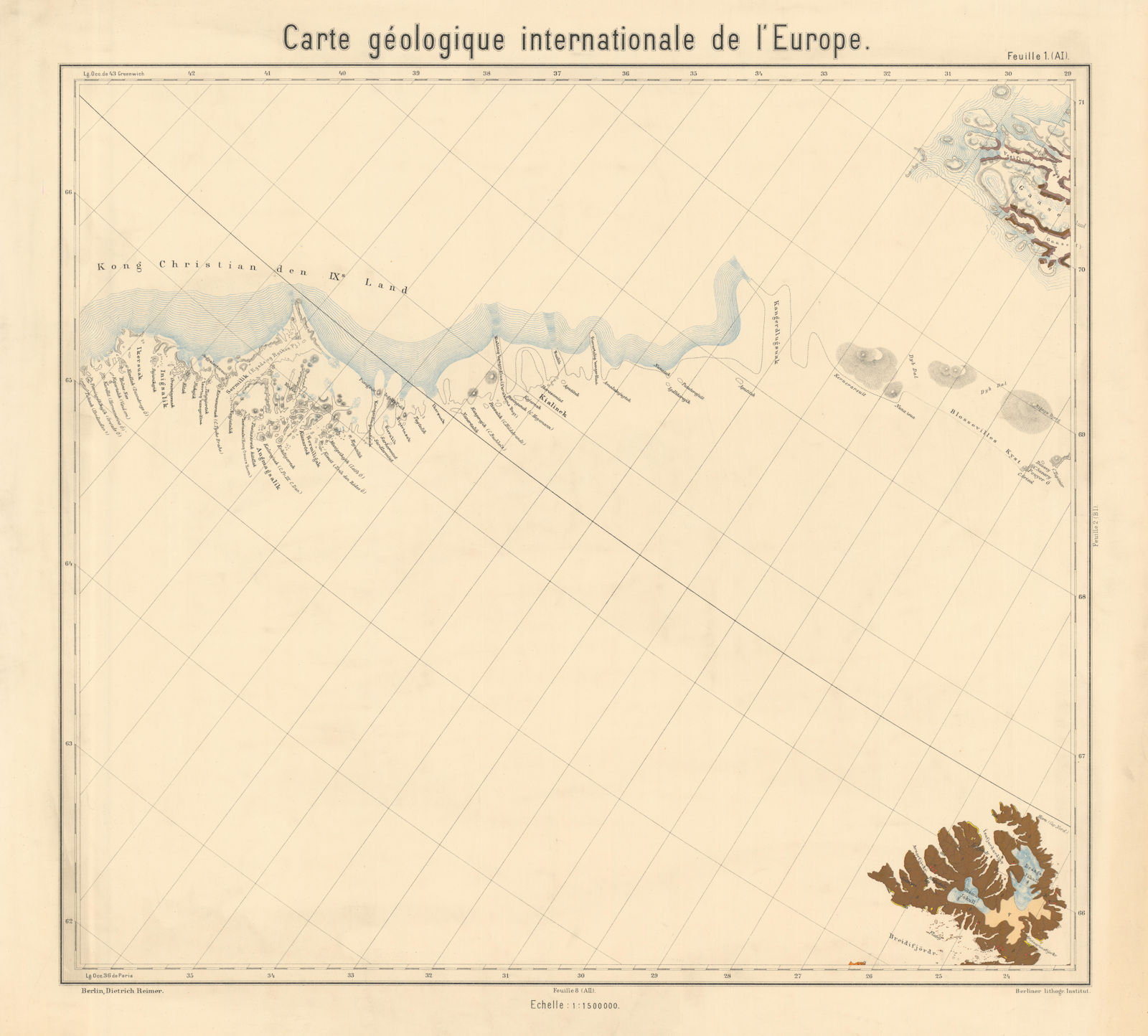 Geological map Eastern Greenland, Northwest Iceland. BEYSCHLAG 1894 old