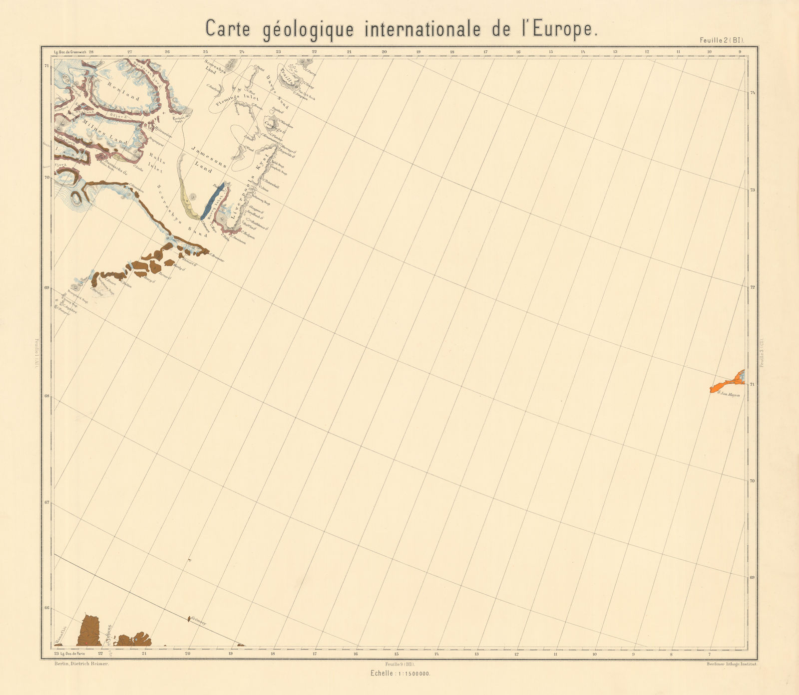 Geological map North-east Greenland. BEYSCHLAG 1894 old antique plan chart