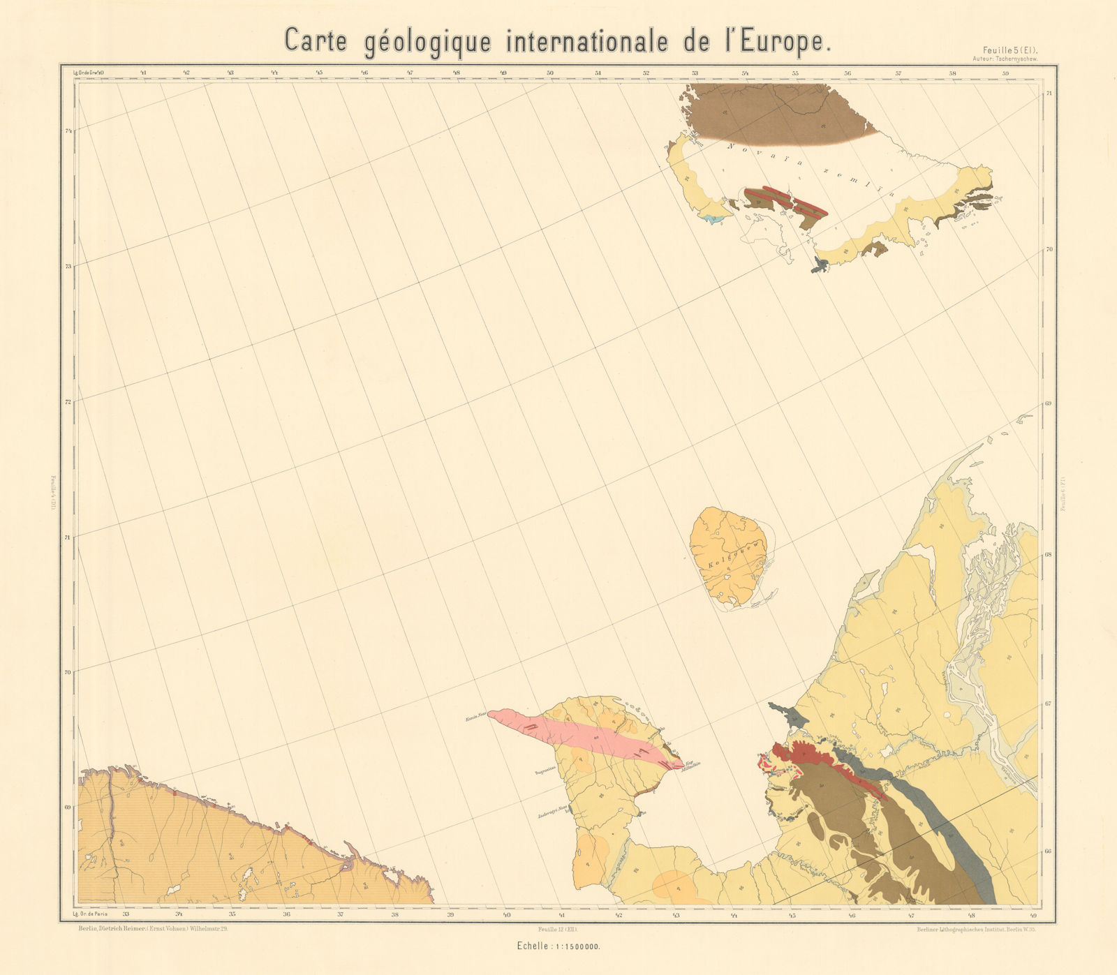 Geological map NW Russia. Murmansk, Nenetsia, Novaya Zemlya. BEYSCHLAG 1913