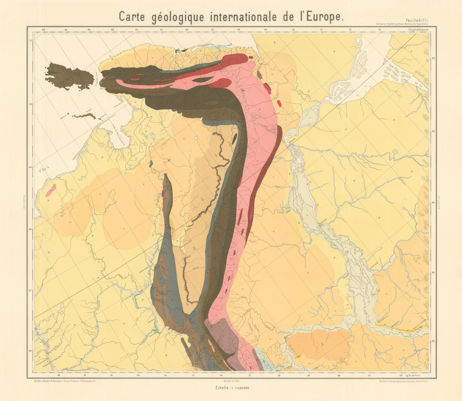 Geological map NW Russia. Nenetsia, Komi, Yamalia, Vaygach. BEYSCHLAG 1913