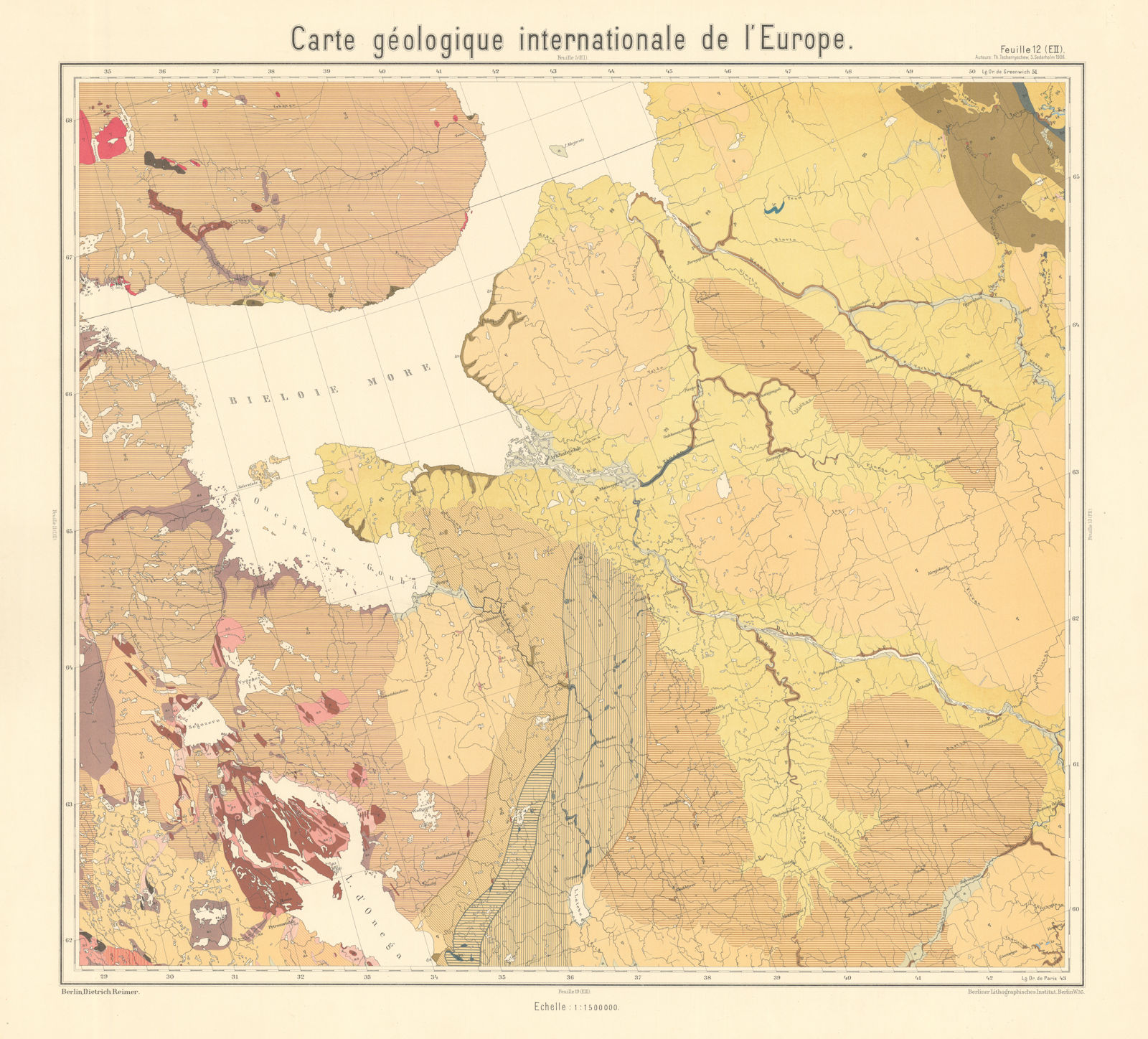 Geological map NW Russia. White Sea Karelia Arkhangelska. BEYSCHLAG 1909