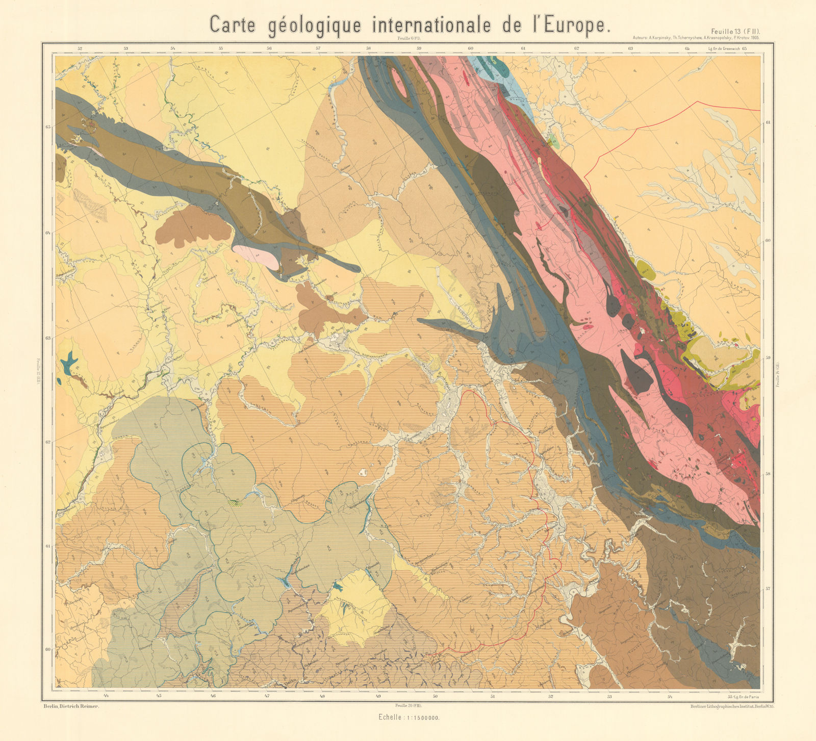 Geological map Ural Mountains, Russia. Perm & Komi. BEYSCHLAG 1909 old