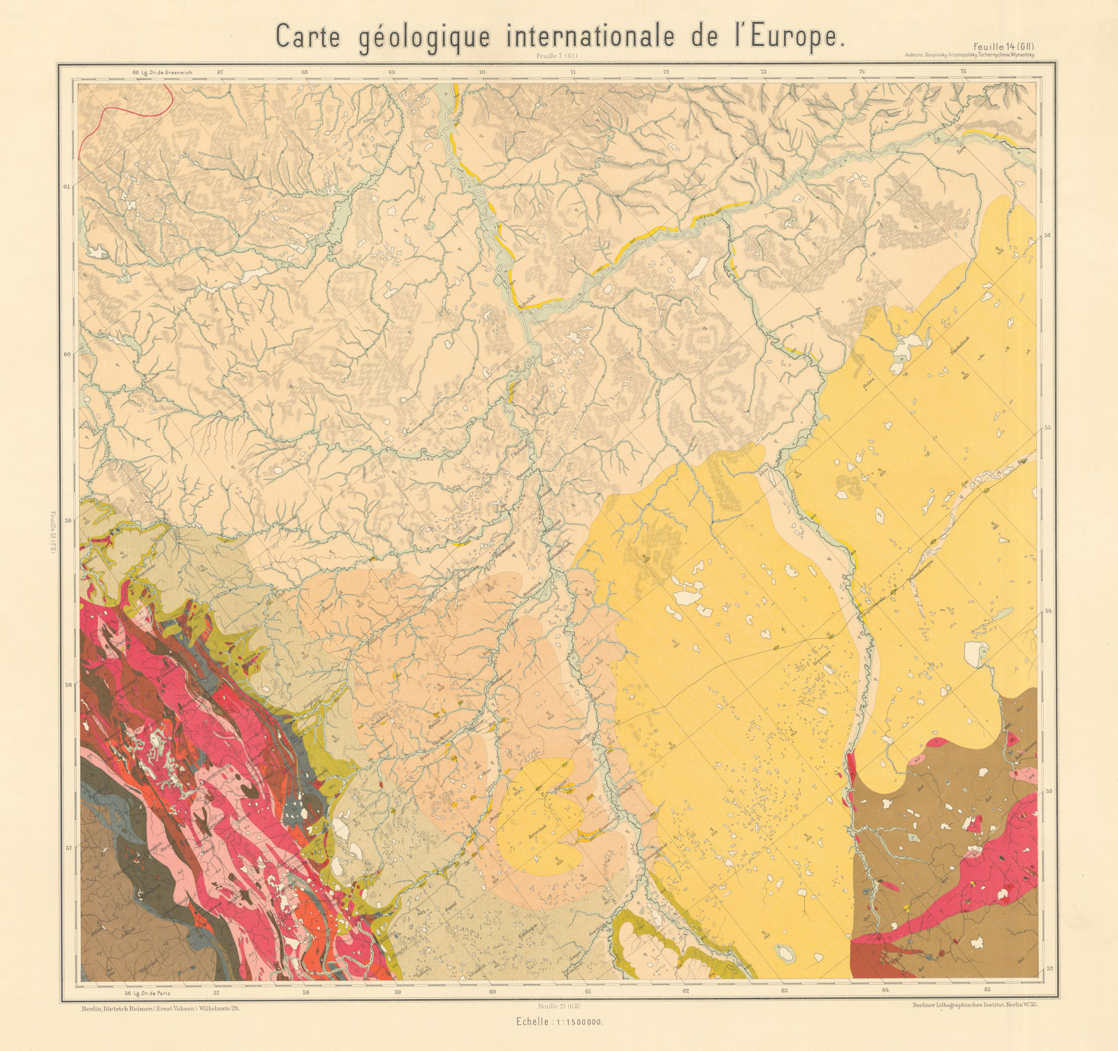 Geological map South Russia. Tyumen, Sverlovsk, Yekaterinburg BEYSCHLAG 1913