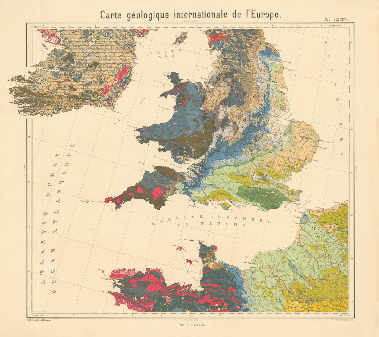 Geological map Southern British Isles & North France. BEYSCHLAG 1898 old