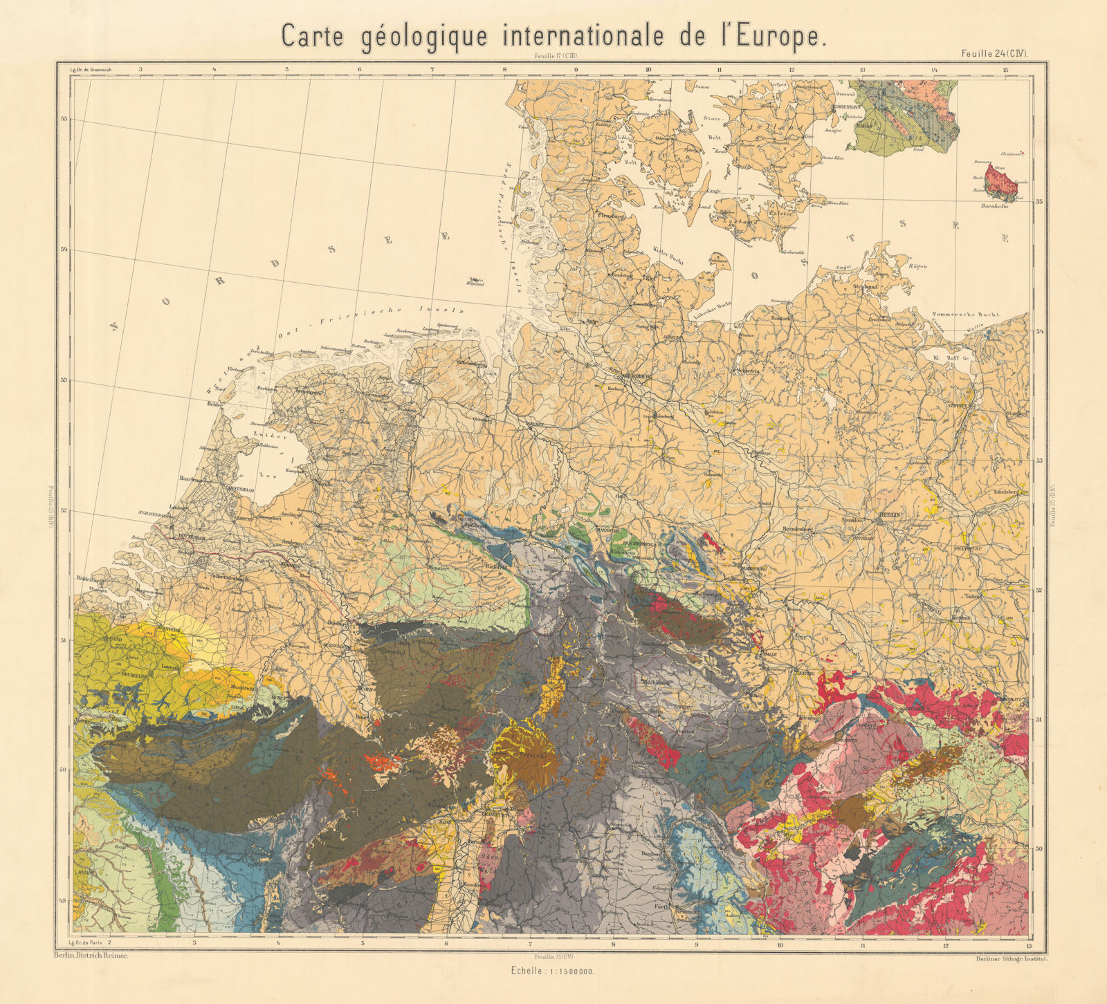 Geological map Germany Netherlands Belgium Denmark Czechia. BEYSCHLAG 1894