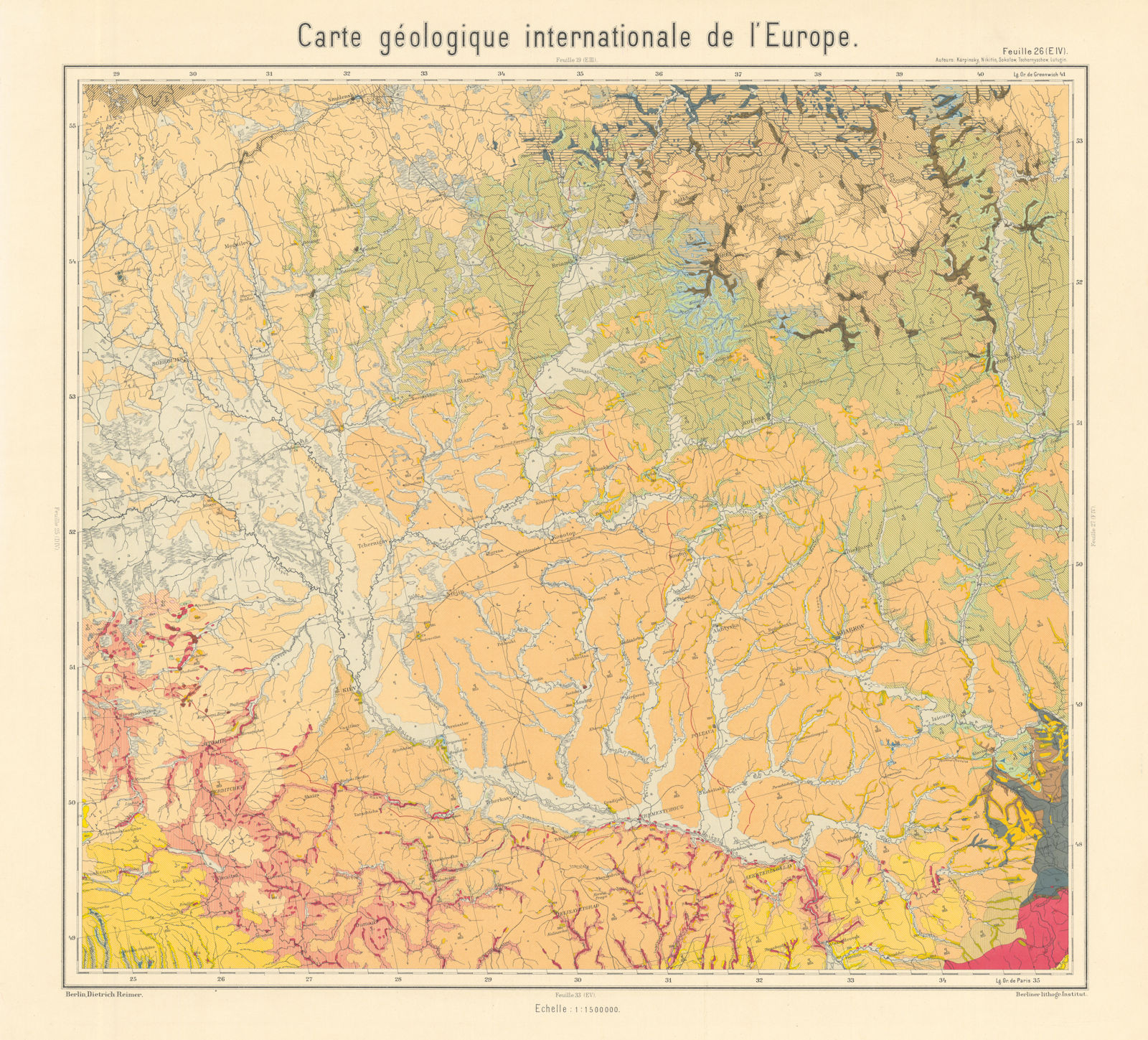 Geological map Belarus, North Ukraine, west Russia, Dnipro. BEYSCHLAG 1902