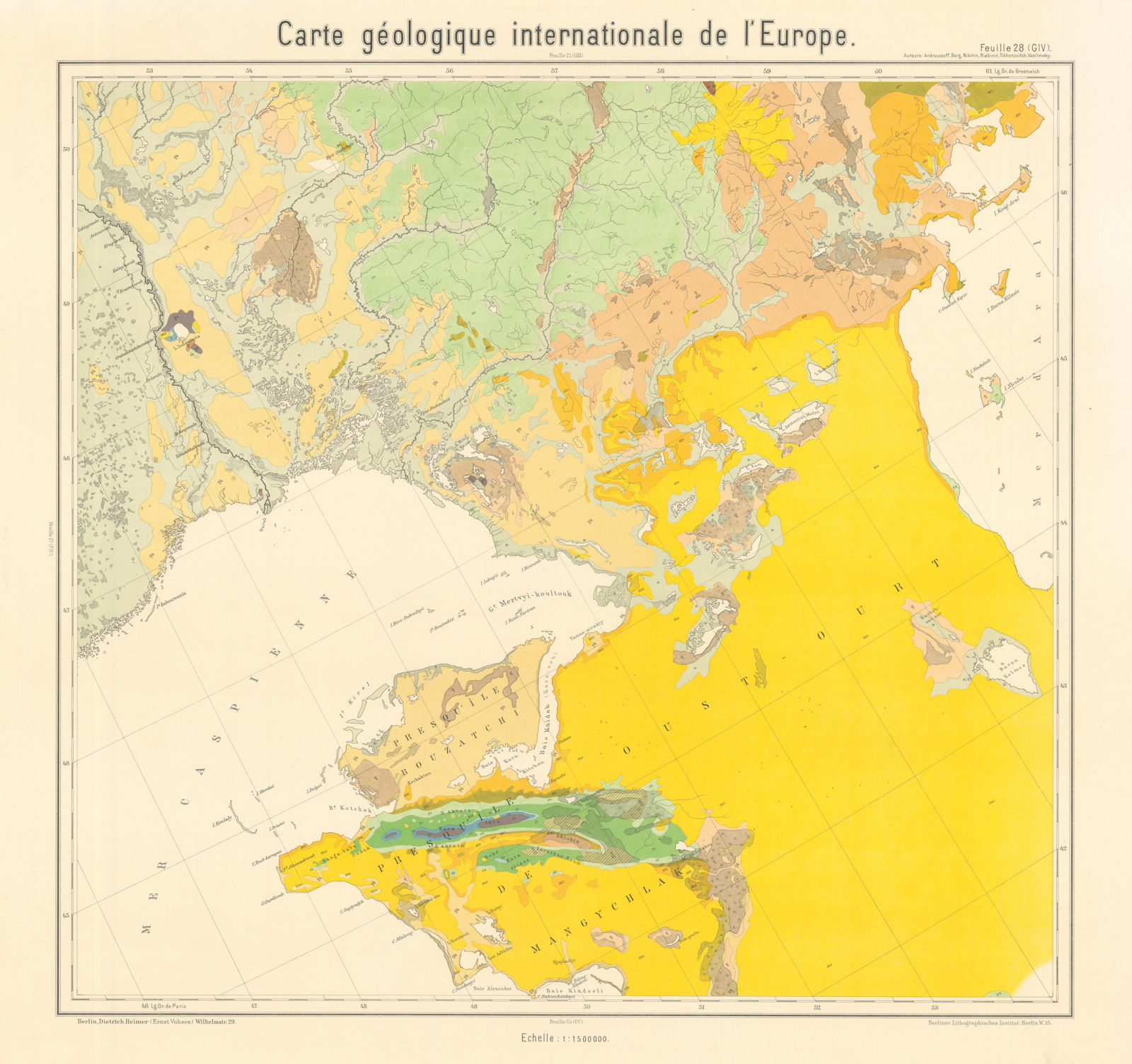 Geological map Northern Caspian Sea. Western Kazakhstan. BEYSCHLAG 1913