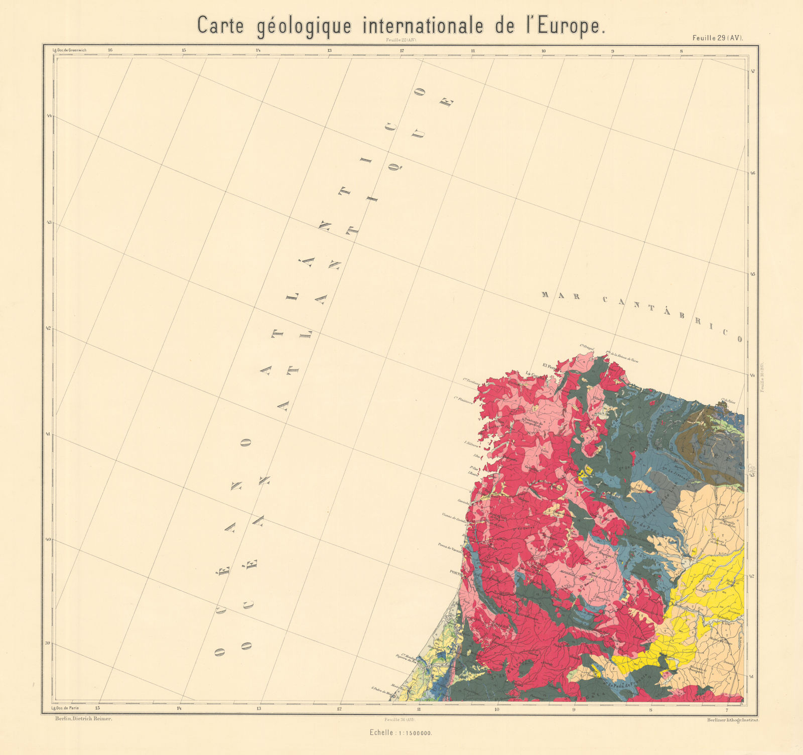 Geological map North west Spain and northern Portugal. BEYSCHLAG 1896 old