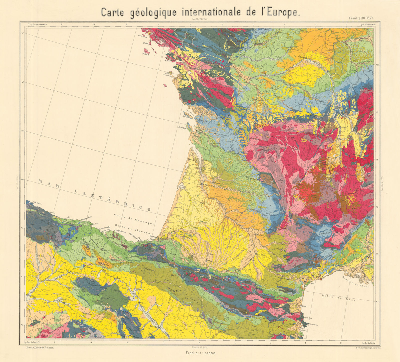 Associate Product Geological map North east Spain and south west France. BEYSCHLAG 1896 old