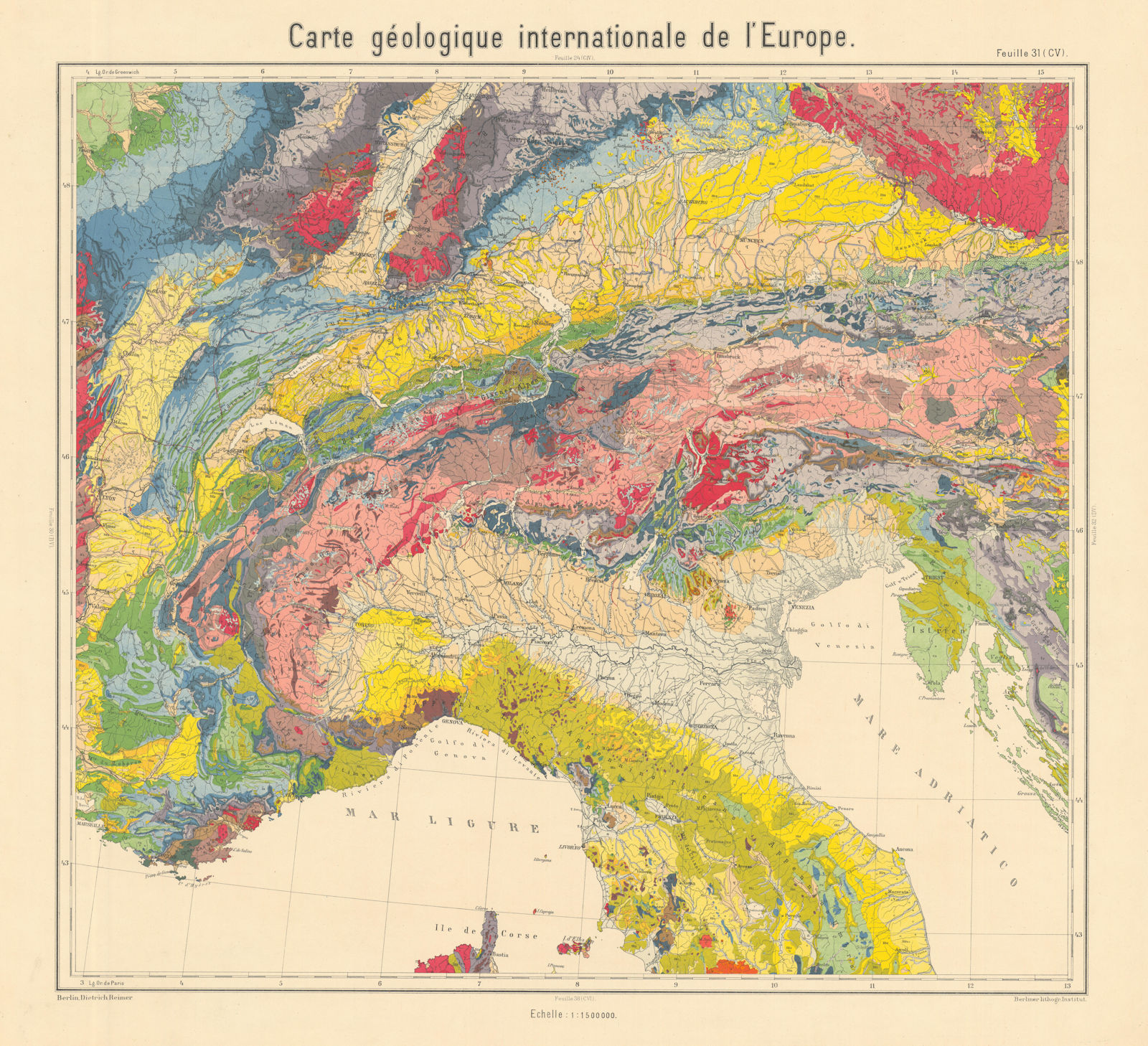 Geological map Alps & northern Italy. Switzerland Austria. BEYSCHLAG 1898