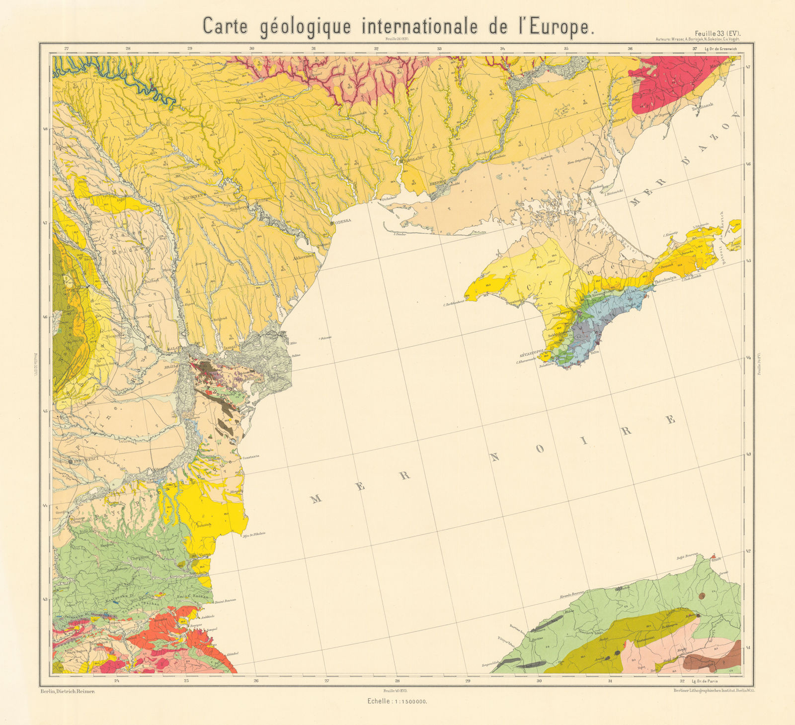 Geological map Black Sea. Ukraine Crimea Romania Bulgaria. BEYSCHLAG 1911