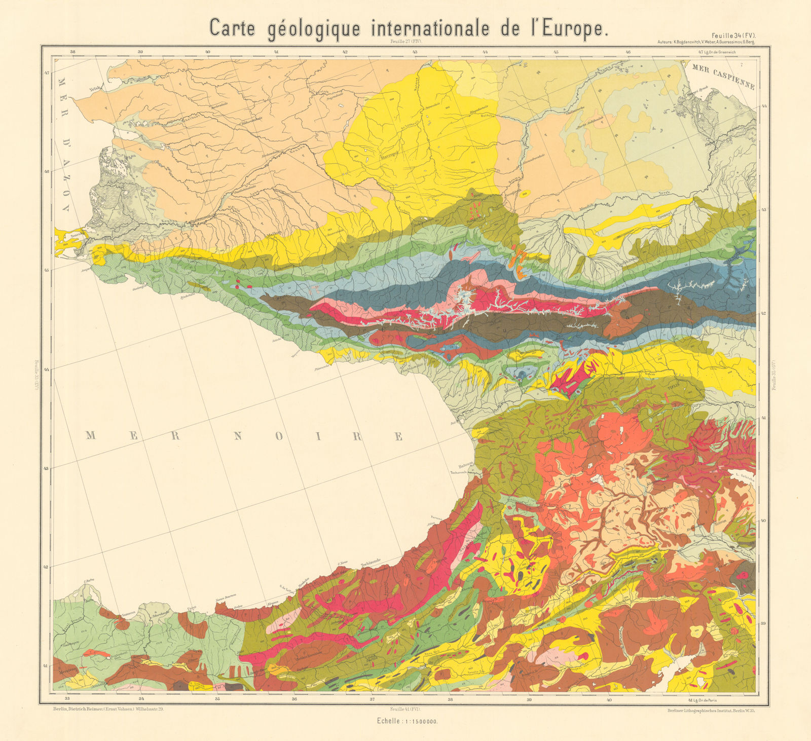 Geological map Black Sea Russia Caucasus Georgia Anatolia BEYSCHLAG 1911