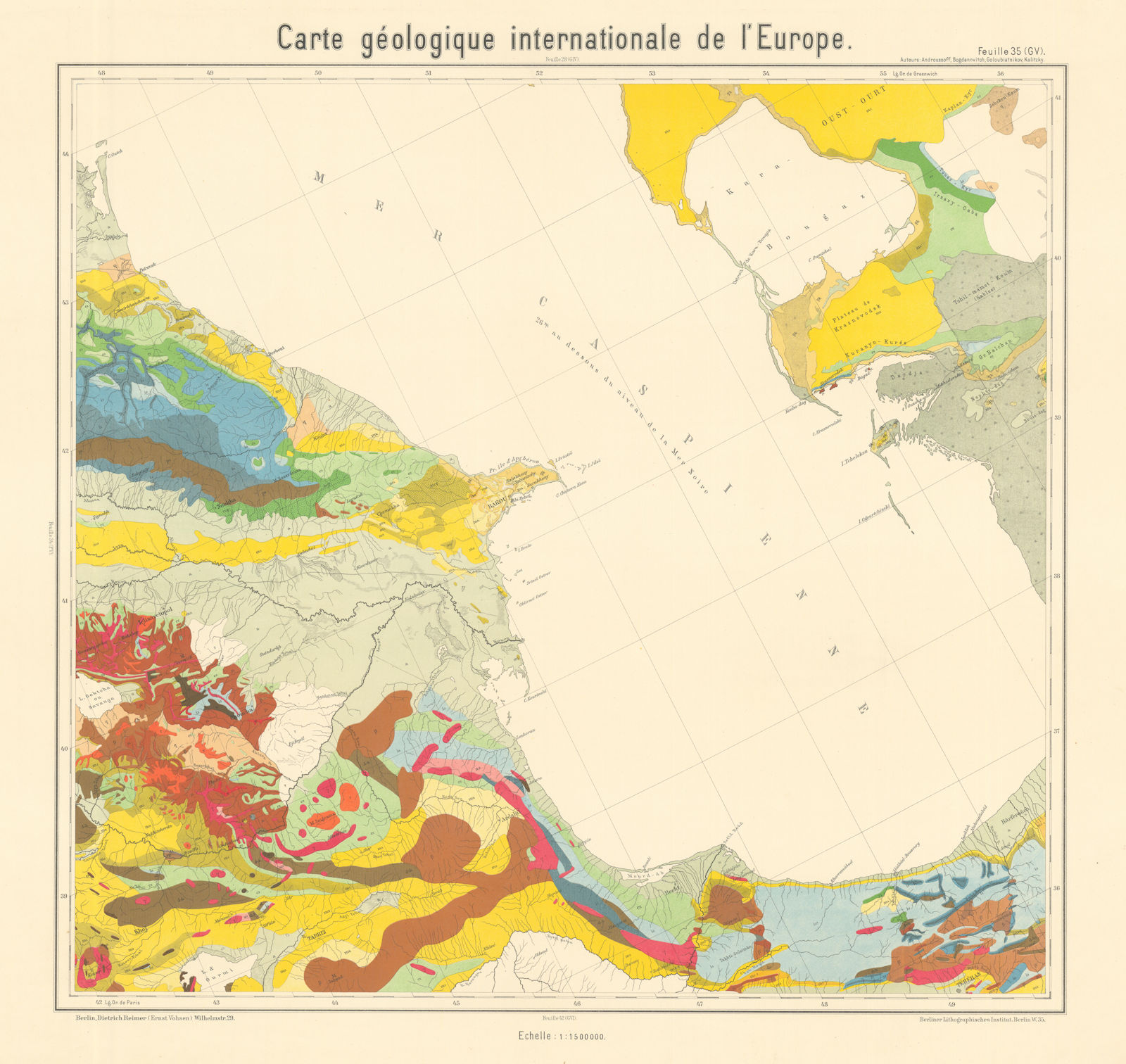 Geological map Southern Caspian. Azerbaijan Iran Turkmenistan BEYSCHLAG 1913