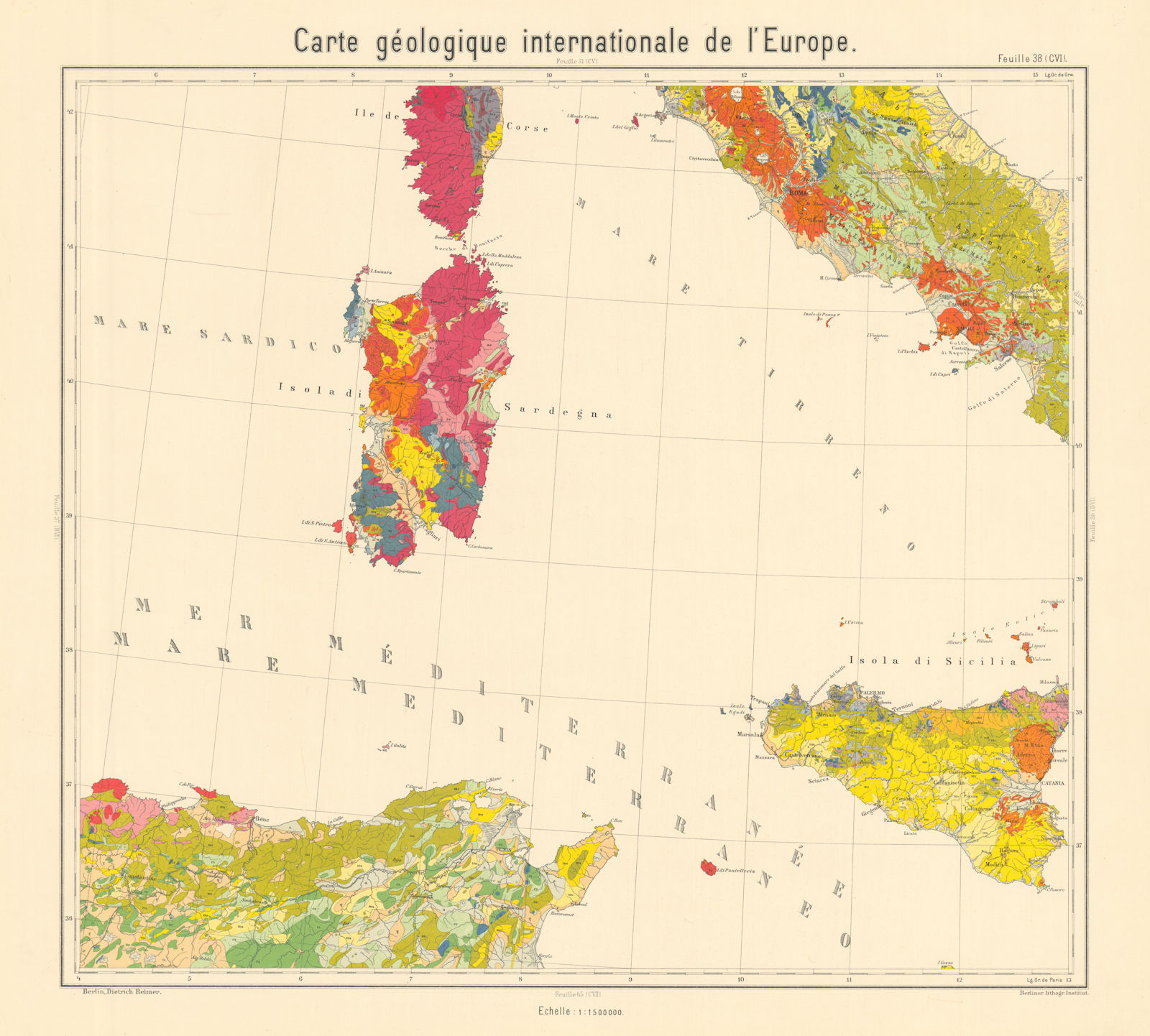 Geological map Corsica Sardinia Sicily Tunisia. Central Italy BEYSCHLAG 1896