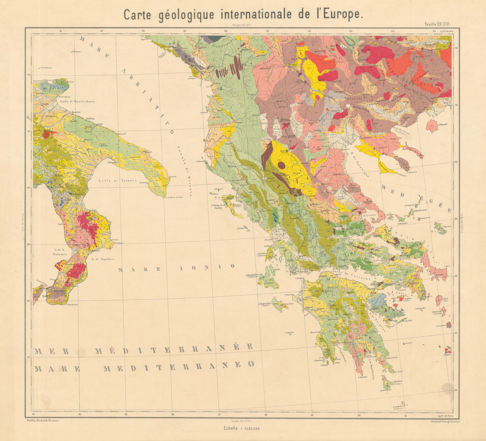 Geological map South Italy, Greece, Albania, North Macedonia. BEYSCHLAG 1898