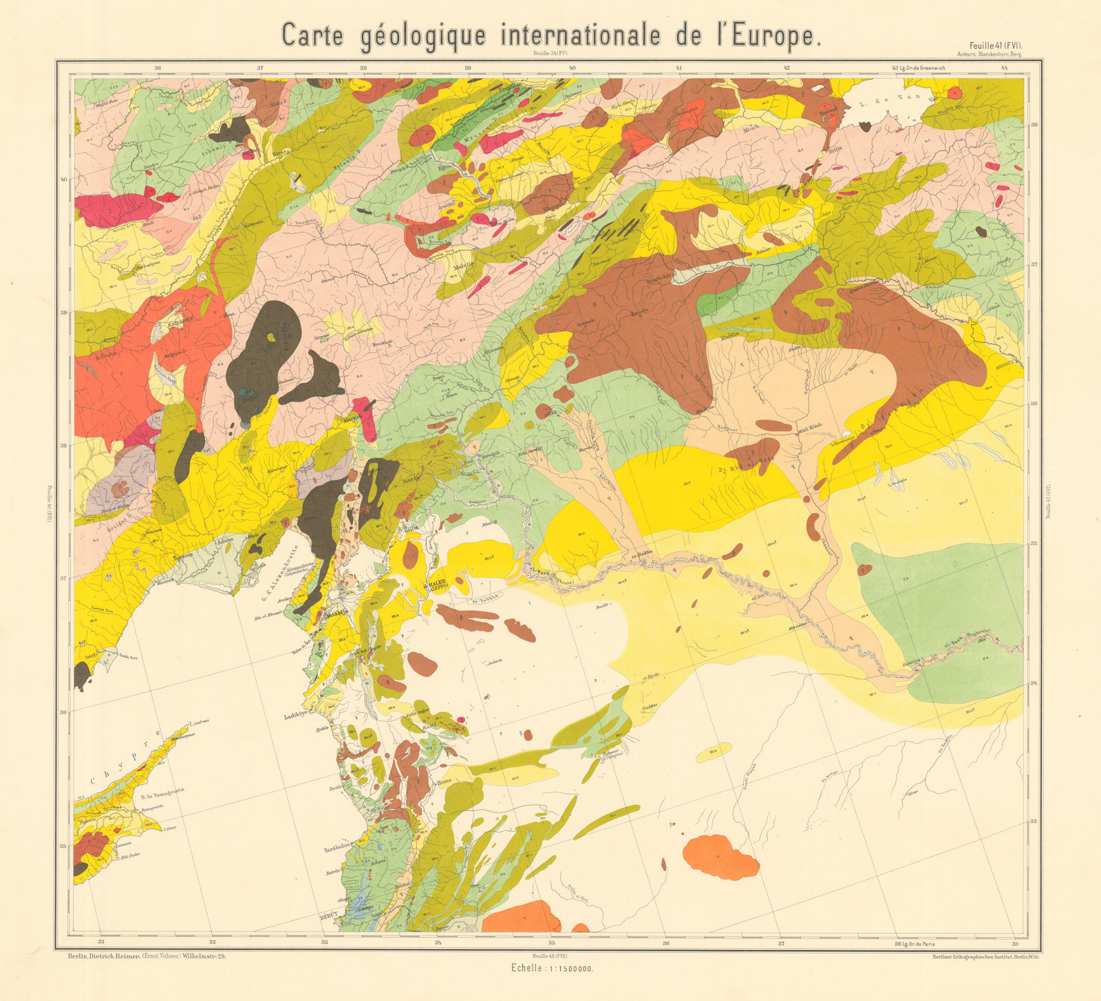 Geological map SE Anatolia Syria Lebanon Iraq Cyprus Turkey BEYSCHLAG 1911