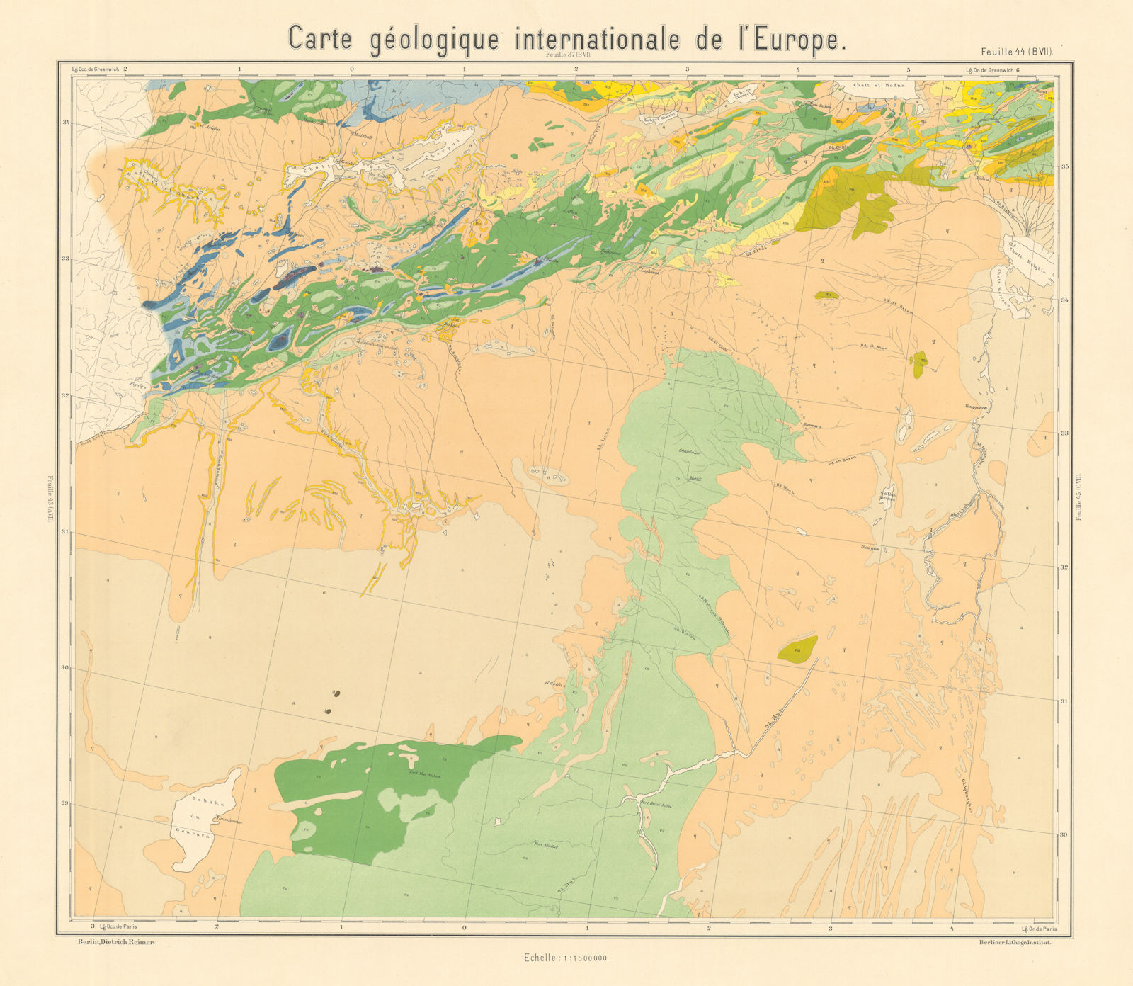 Geological map Algeria, including the Algerian Sahara desert. BEYSCHLAG 1905