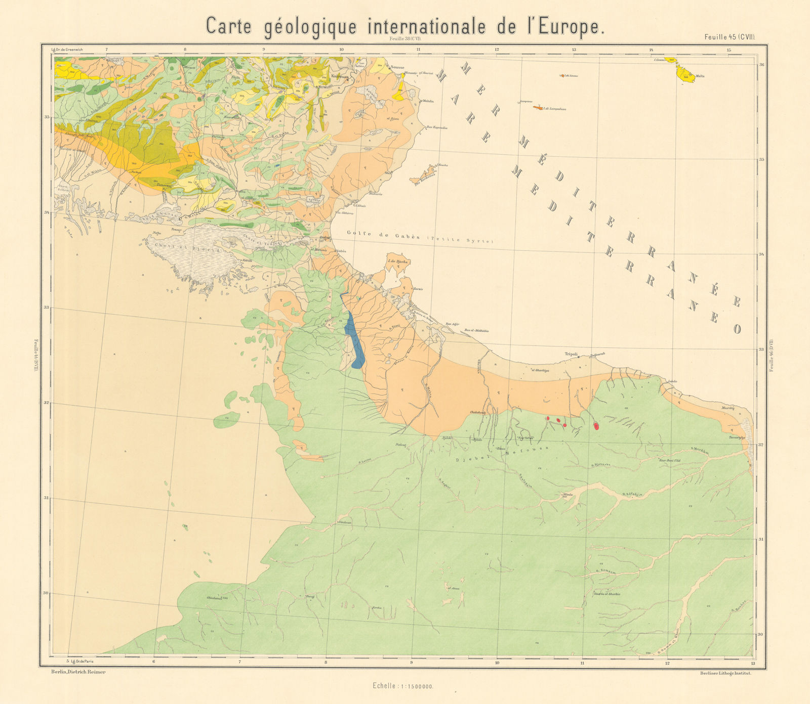 Geological map Algeria Tunisia Libya Sahara desert Gabes Gulf BEYSCHLAG 1905