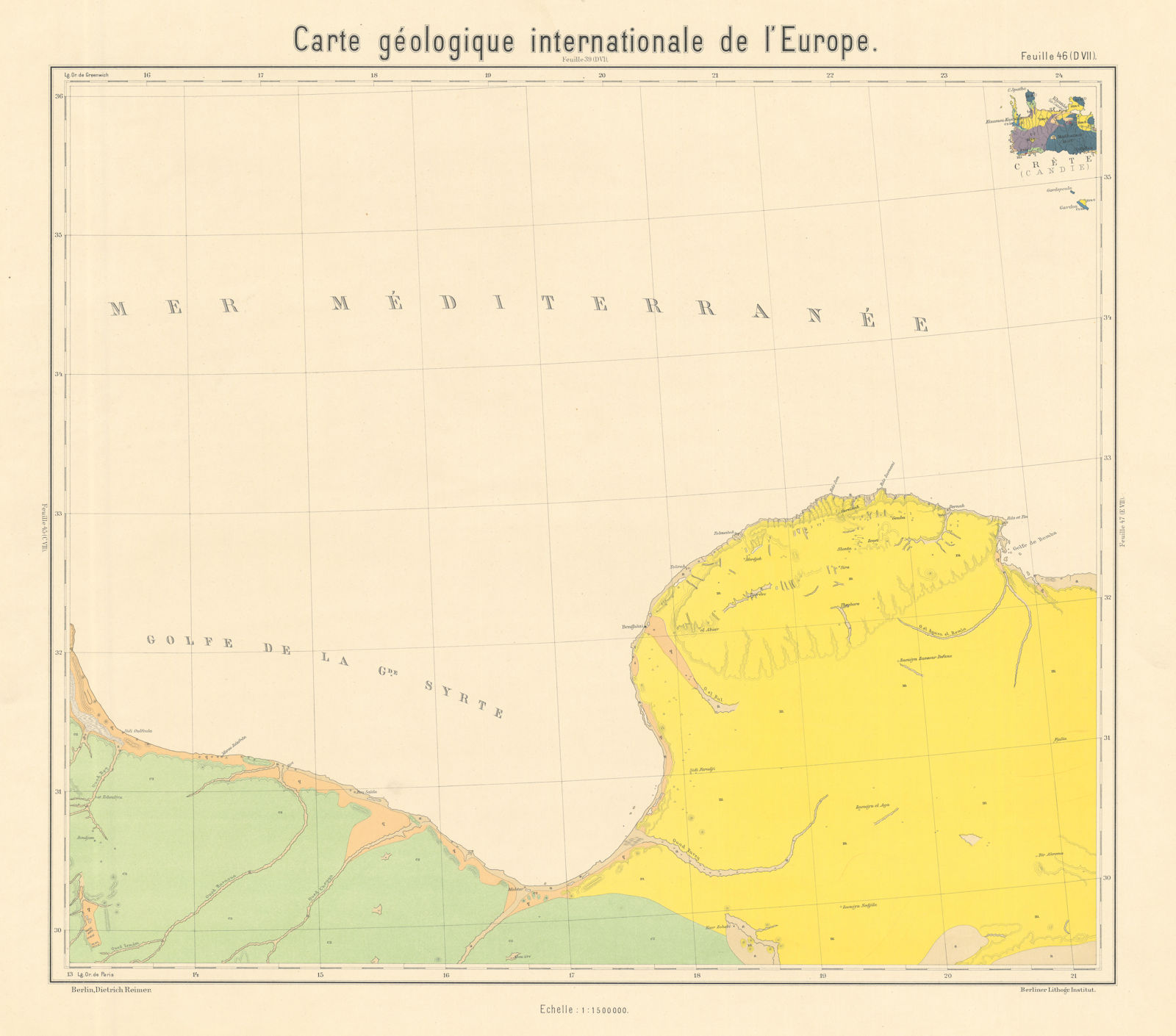 Geological map Eastern Libyan coast. Gulf of Sidra. BEYSCHLAG 1905 old