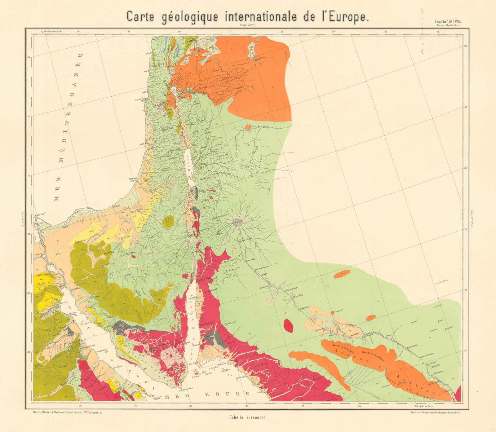 Geological map Sinai Israel Jordan Arabia Suez Levant. BEYSCHLAG 1911 old