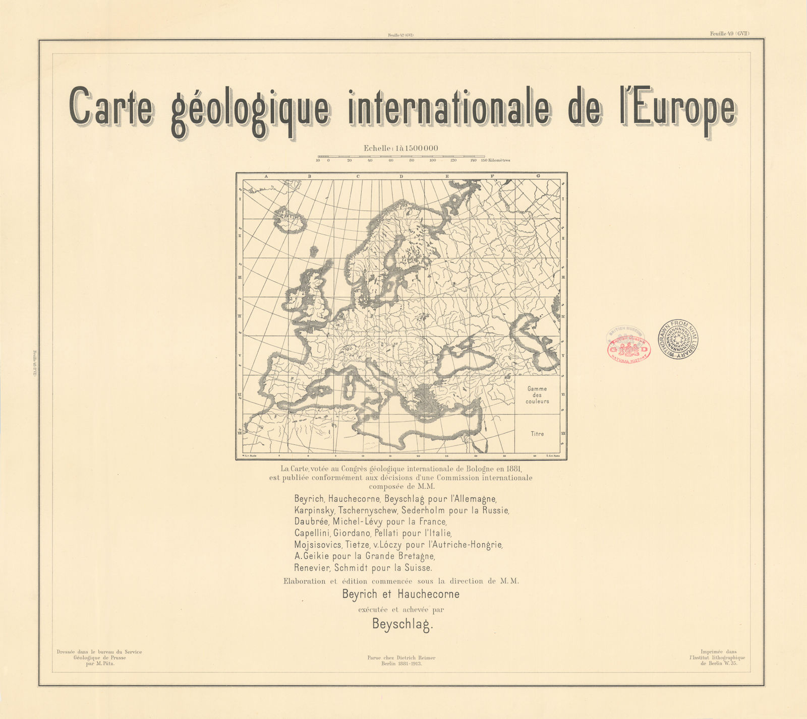 Geological key map Carte Geologique internationale de l'Europe 1913 old