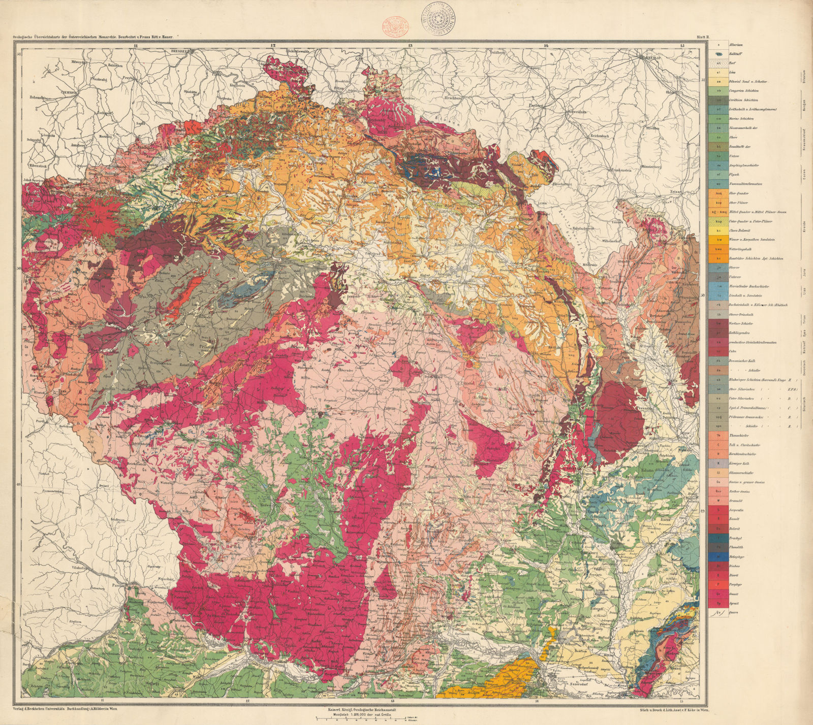 Austria-Hungary Geological map #2 Bohemia & Moravia, Czechia. 64x72cm 1874