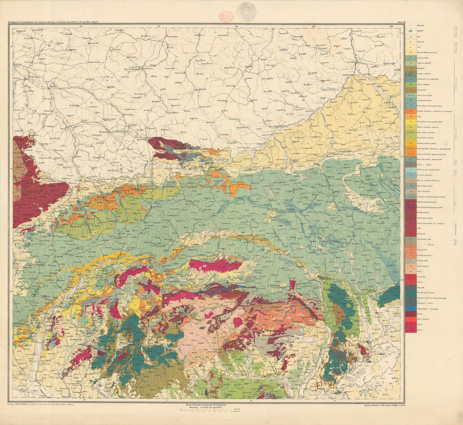 Austria-Hungary Geological map #3 Slovakia & Polish Galicia. Poland 65x72cm 1874