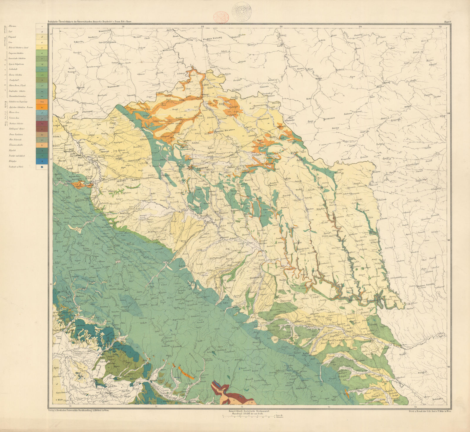 Austria-Hungary Geological map #4 Galicia, Ukraine. 65x72cm 1874 old