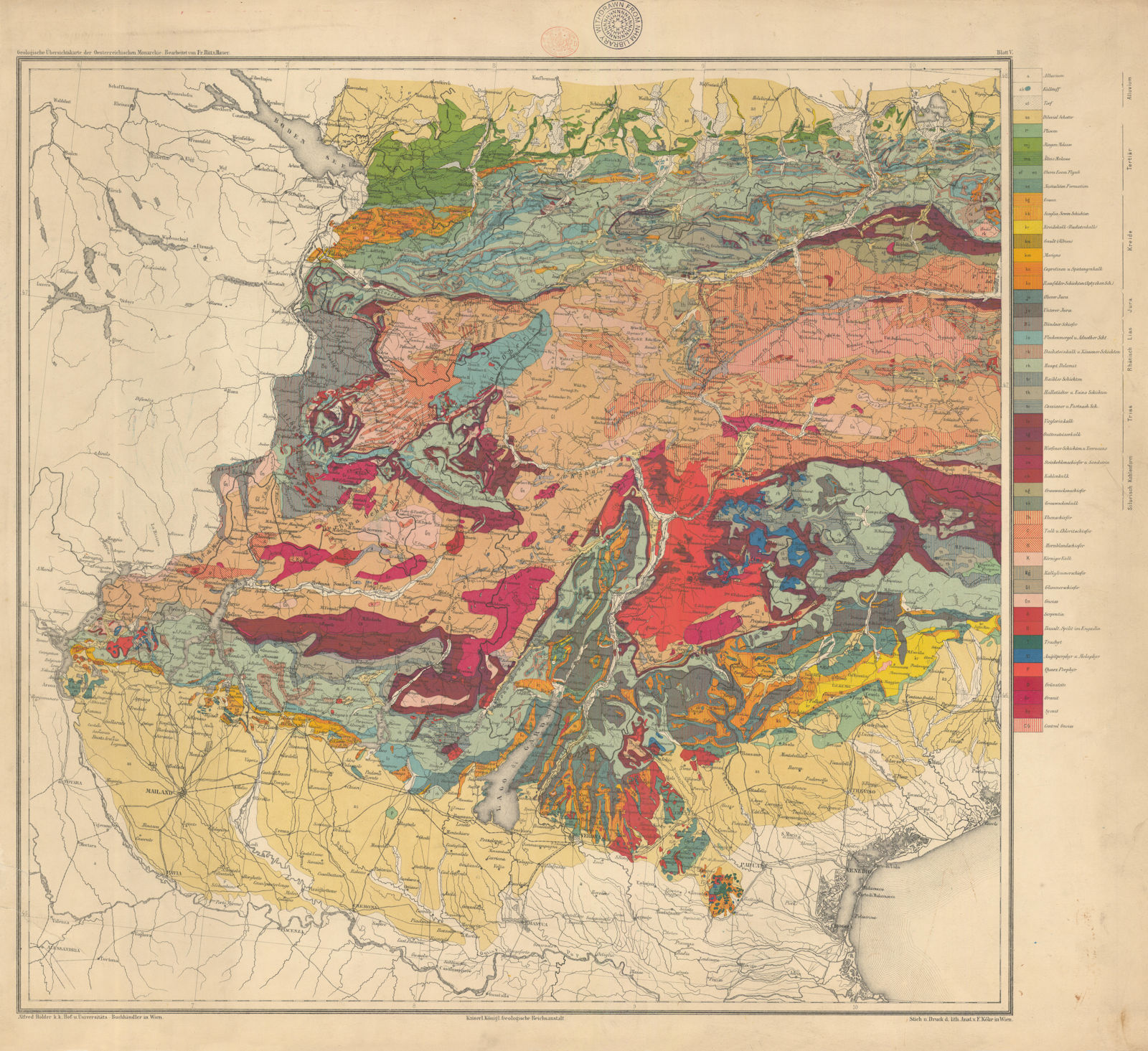 Associate Product Austria-Hungary Geological map #5 West Austria & Northeast Italy. 65x72cm 1874