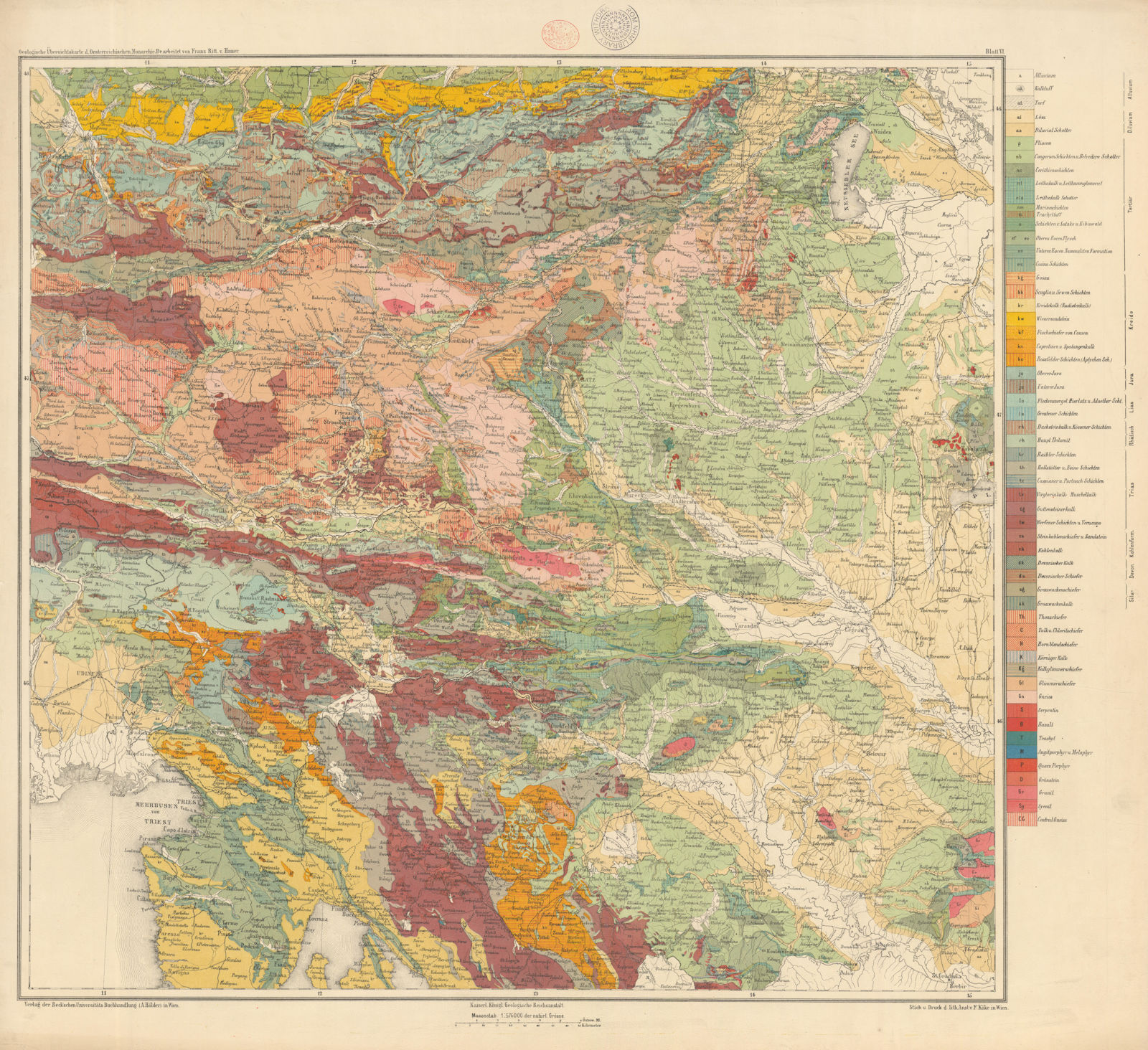 Austria-Hungary Geological map #6 Austria Hungary Croatia Slovenia. 65x72cm 1874