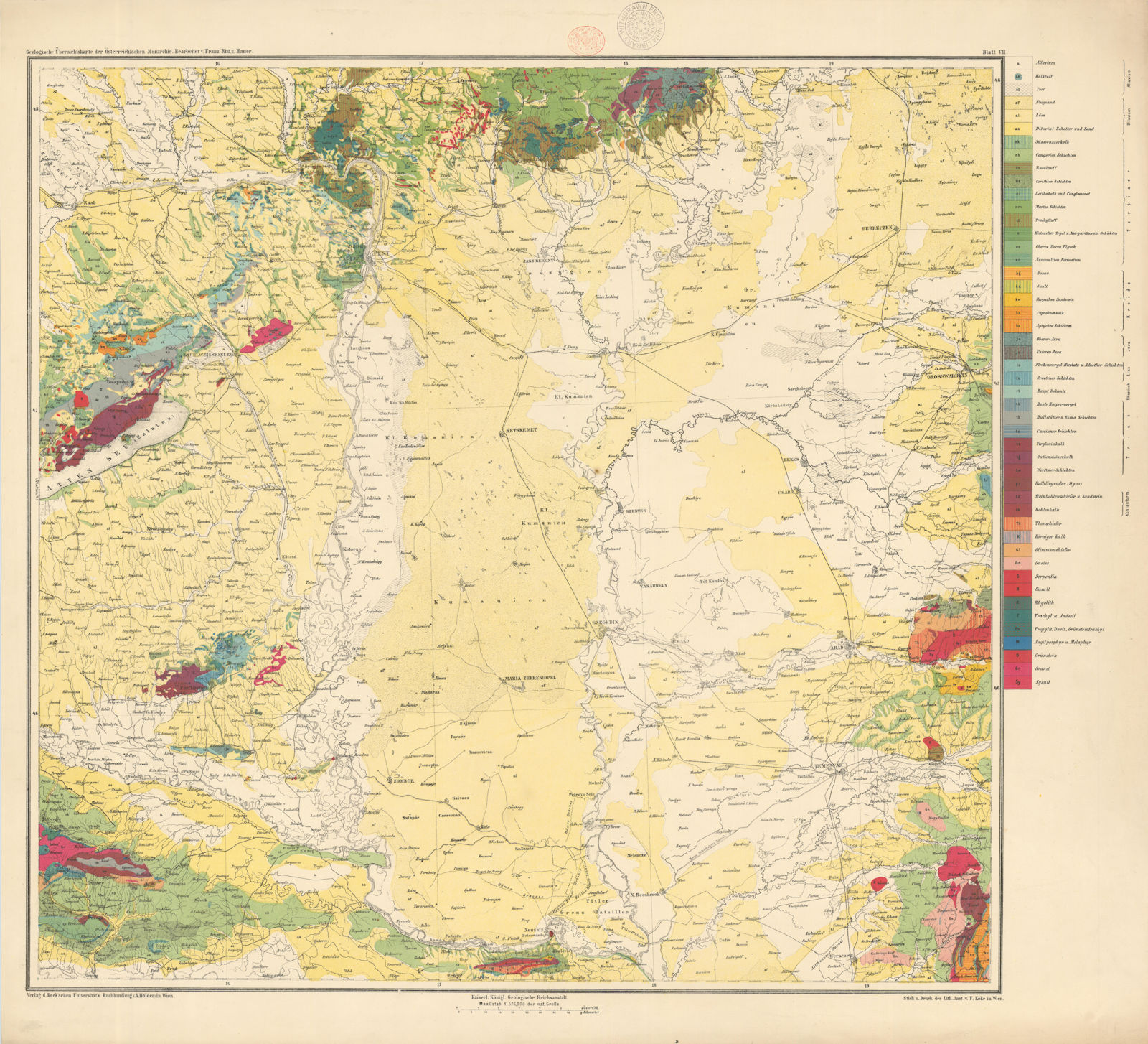 Associate Product Austria-Hungary Geological map #7 Central & Eastern Hungary. 65x72cm 1874