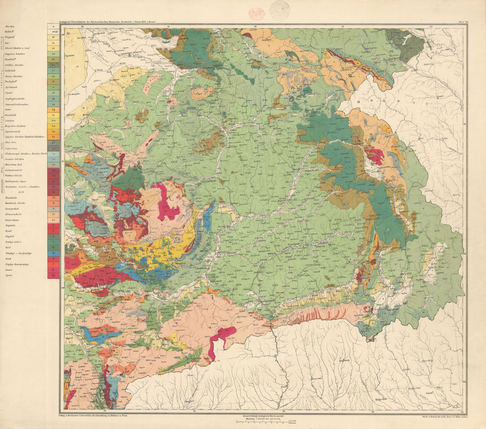 Associate Product Austria-Hungary Geological map #8 Transylvania, Romania. 65x72cm 1874 old