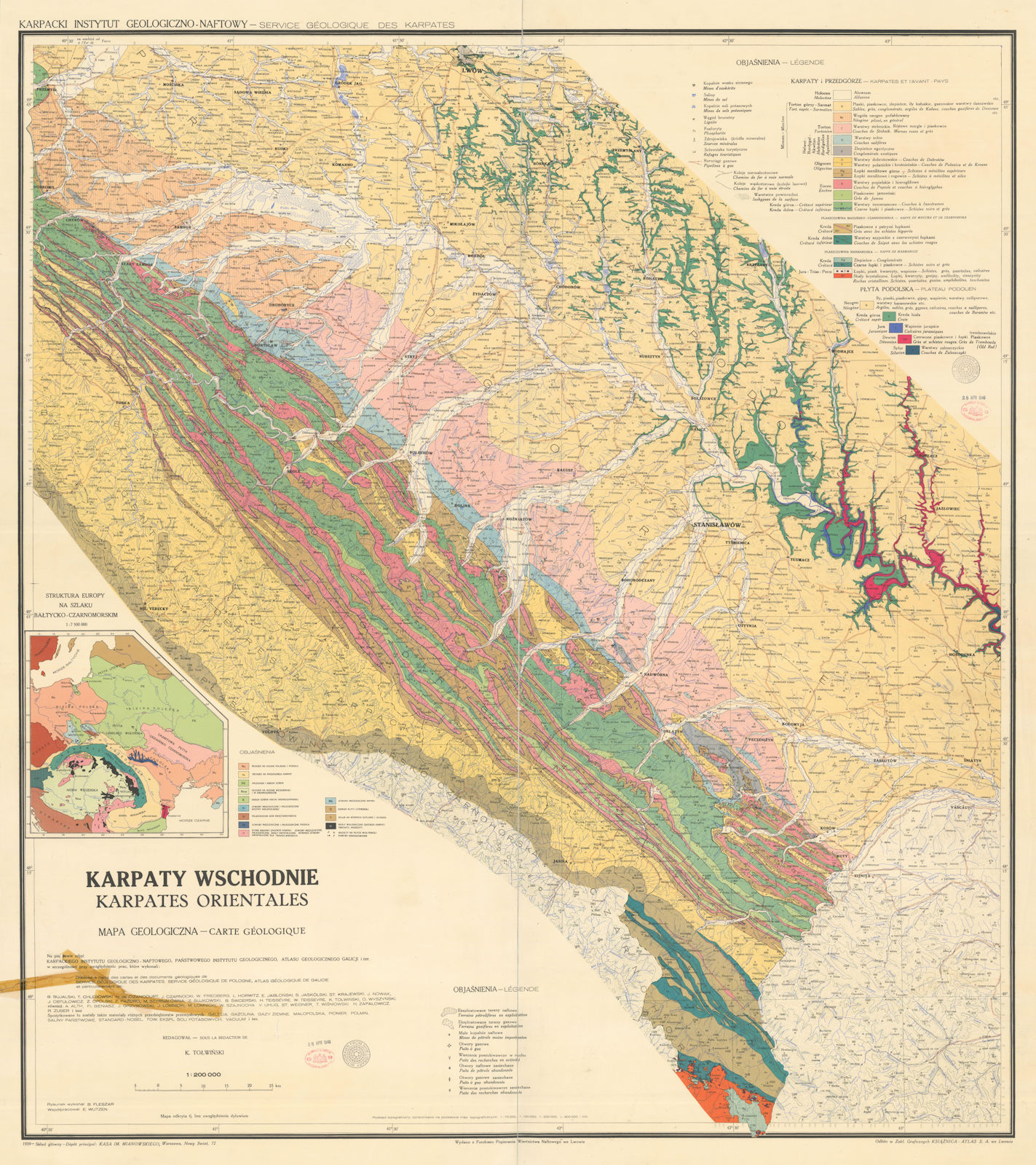 Karpaty Wschodnie Mappa Geologiczna. Eastern Carpathians Geological Map 1939