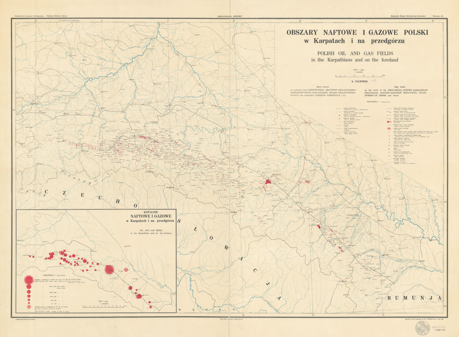 Obszary naftowe i gazowe Polski w Karpatach Carpathian Oil & Gas fields 1928 map