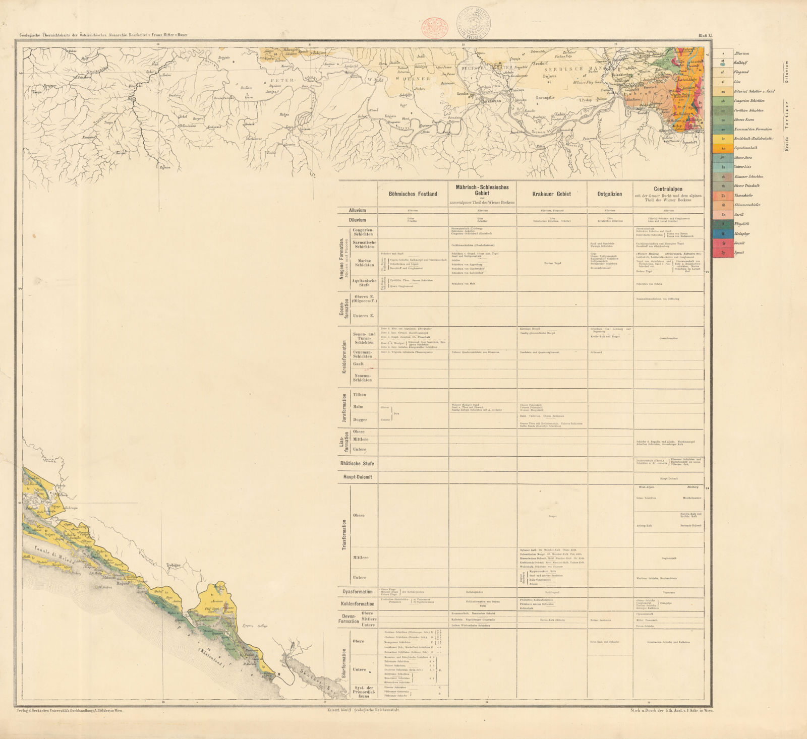 Austria-Hungary Geological map #11 Dubrovnik Dalmatia Croatia Banat Romania 1874