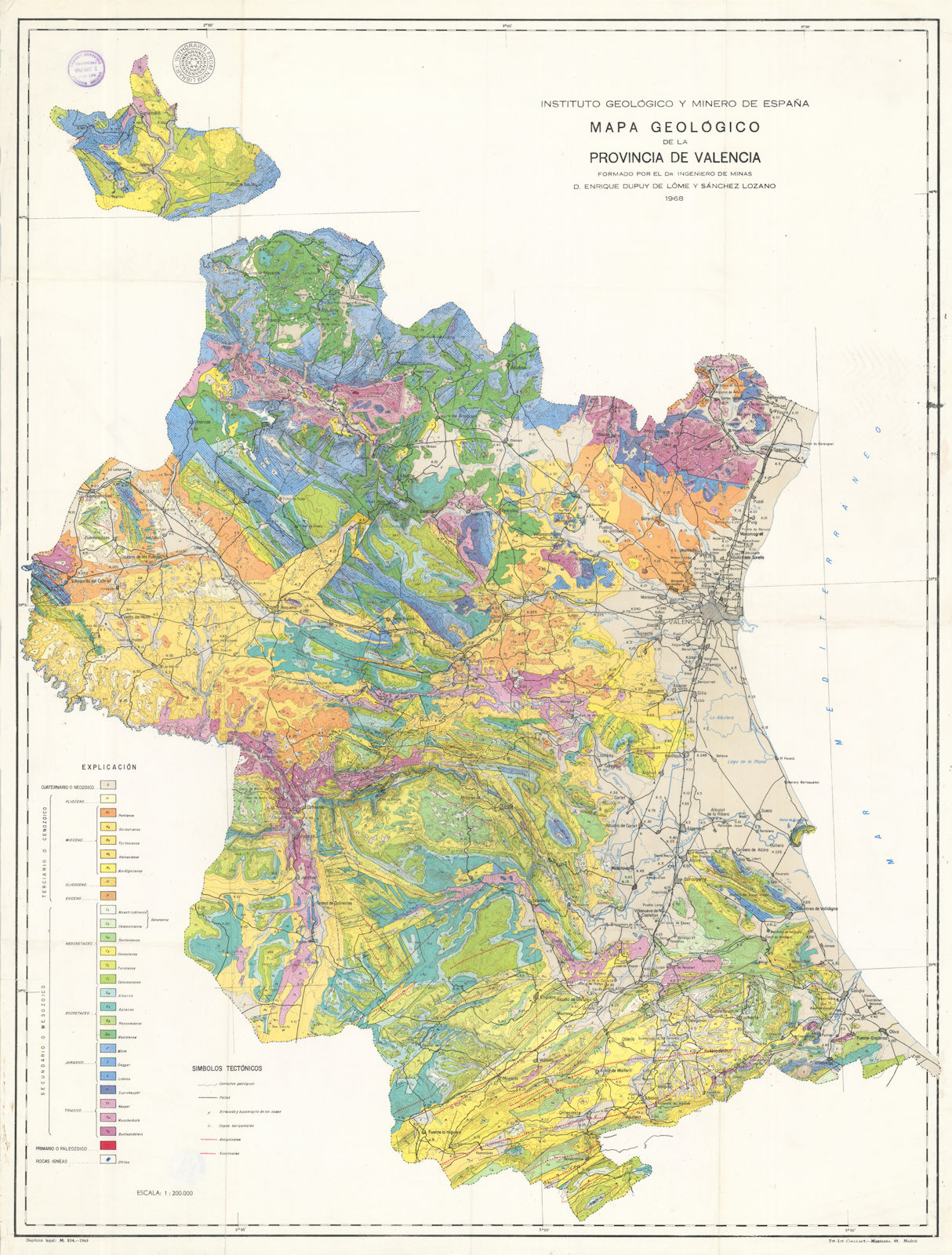 Mapa Geologico de la Provincia de Valencia. IGME / Lozano 90x68cm 1968 old