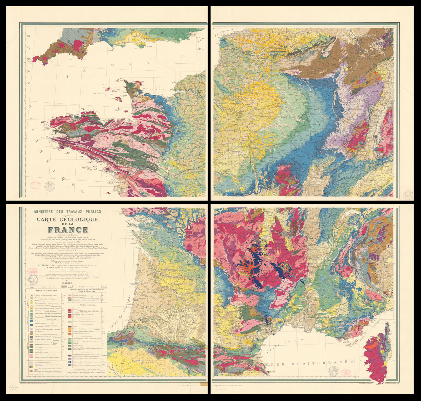 Carte Géologique de la France. Auguste Michel-Lévy. 4 sheets 107x116cm 1905 map