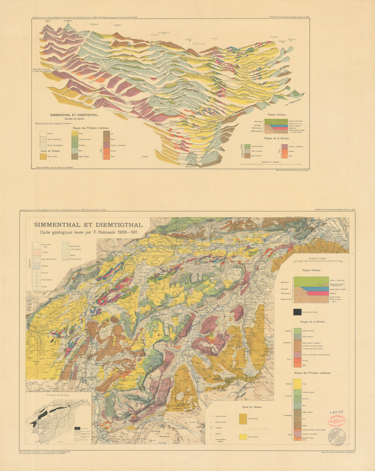 Simmenthal & Diemtigtal. Carte géologique & coupes. Switzerland Geology 1912 map